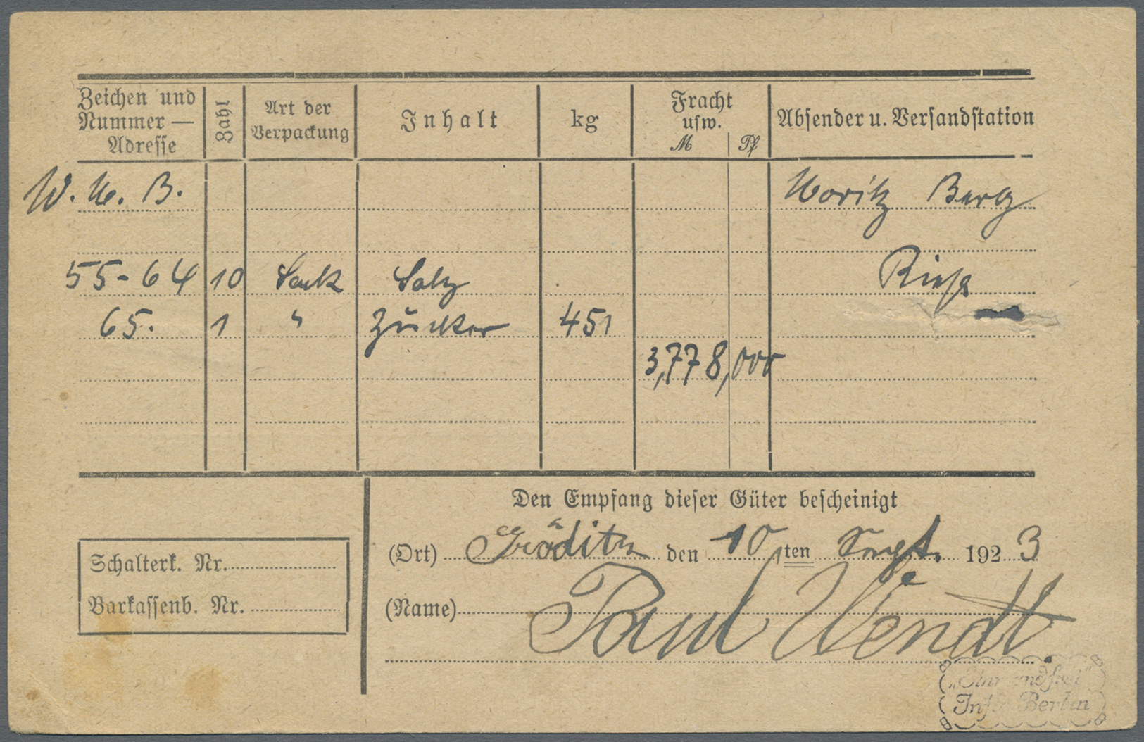 Br Deutsches Reich - Lokalausgaben 1918/23: GRÖDITZ (AMTSH. GROSSENHAIN): 1923, Gebührenzettel Mit Hand - Lettres & Documents