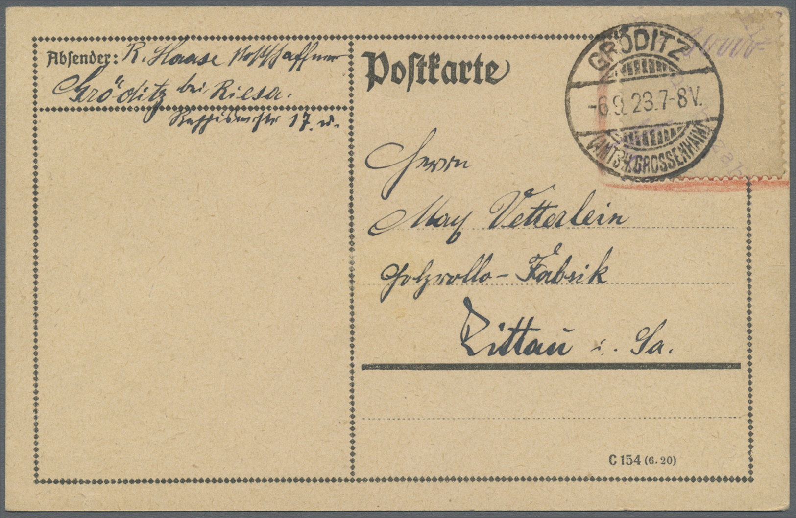 Br Deutsches Reich - Lokalausgaben 1918/23: GRÖDITZ (AMTSH. GROSSENHAIN): 1923, Gebührenzettel Mit Diag - Brieven En Documenten