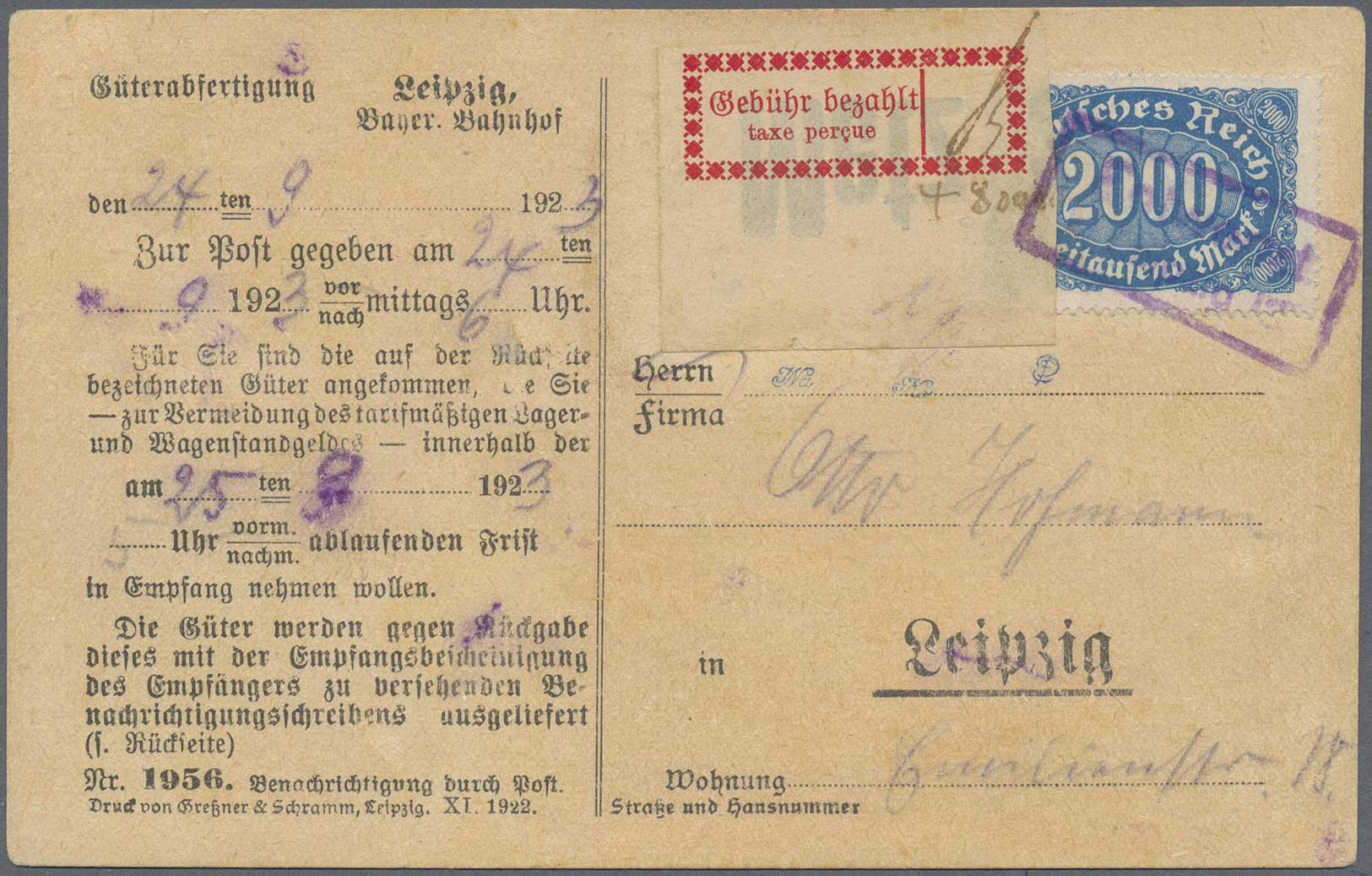 Br Deutsches Reich - Lokalausgaben 1918/23: HALLE (SAALE) OPD: 1923, Gebührenzettel Karmin In Type I B - Lettres & Documents