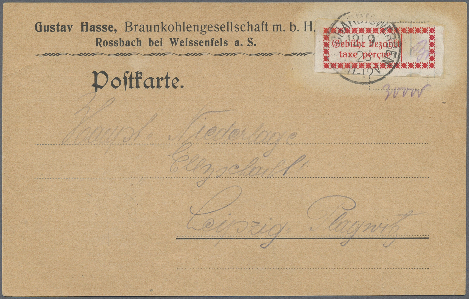 Br Deutsches Reich - Lokalausgaben 1918/23: HALLE (SAALE) OPD: 1923, Gebührenzettel Karmin In Type I D - Lettres & Documents