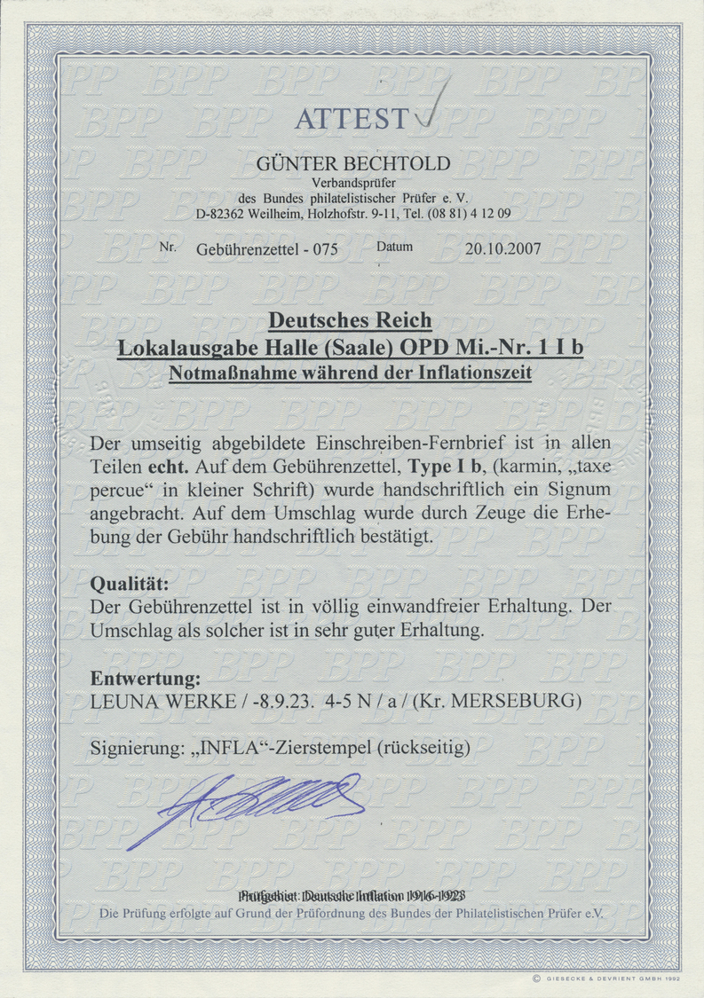 Br Deutsches Reich - Lokalausgaben 1918/23: HALLE (SAALE) OPD: 1923, Gebührenzettel Karmin In Type I B - Lettres & Documents