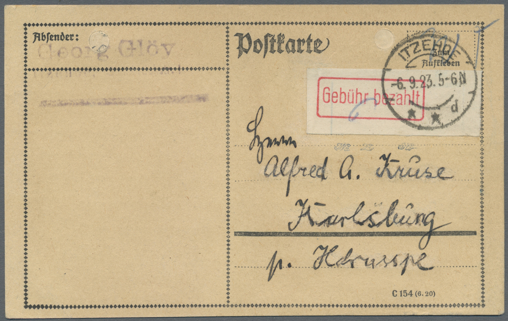 Br Deutsches Reich - Lokalausgaben 1918/23: ITZEHOE: 1923, Gebührenzettel Mit Rotem Ra1 "Gebühr Bezahlt - Lettres & Documents