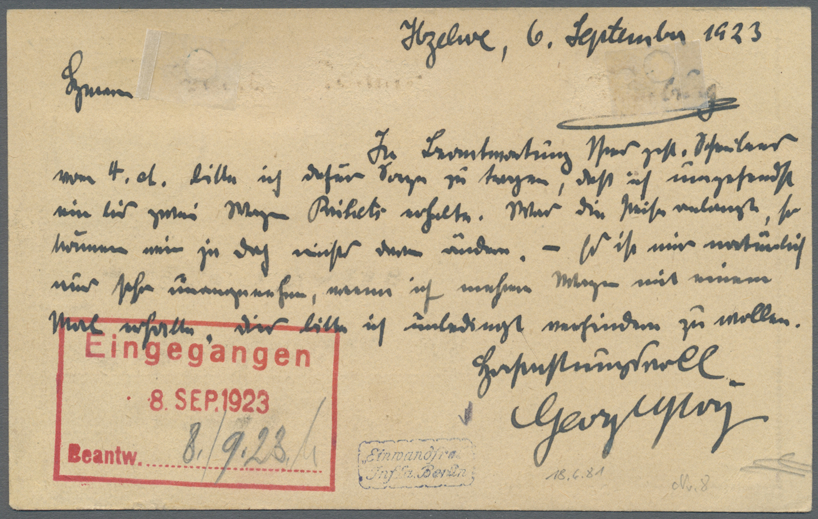 Br Deutsches Reich - Lokalausgaben 1918/23: ITZEHOE: 1923, Gebührenzettel Mit Rotem Ra1 "Gebühr Bezahlt - Lettres & Documents