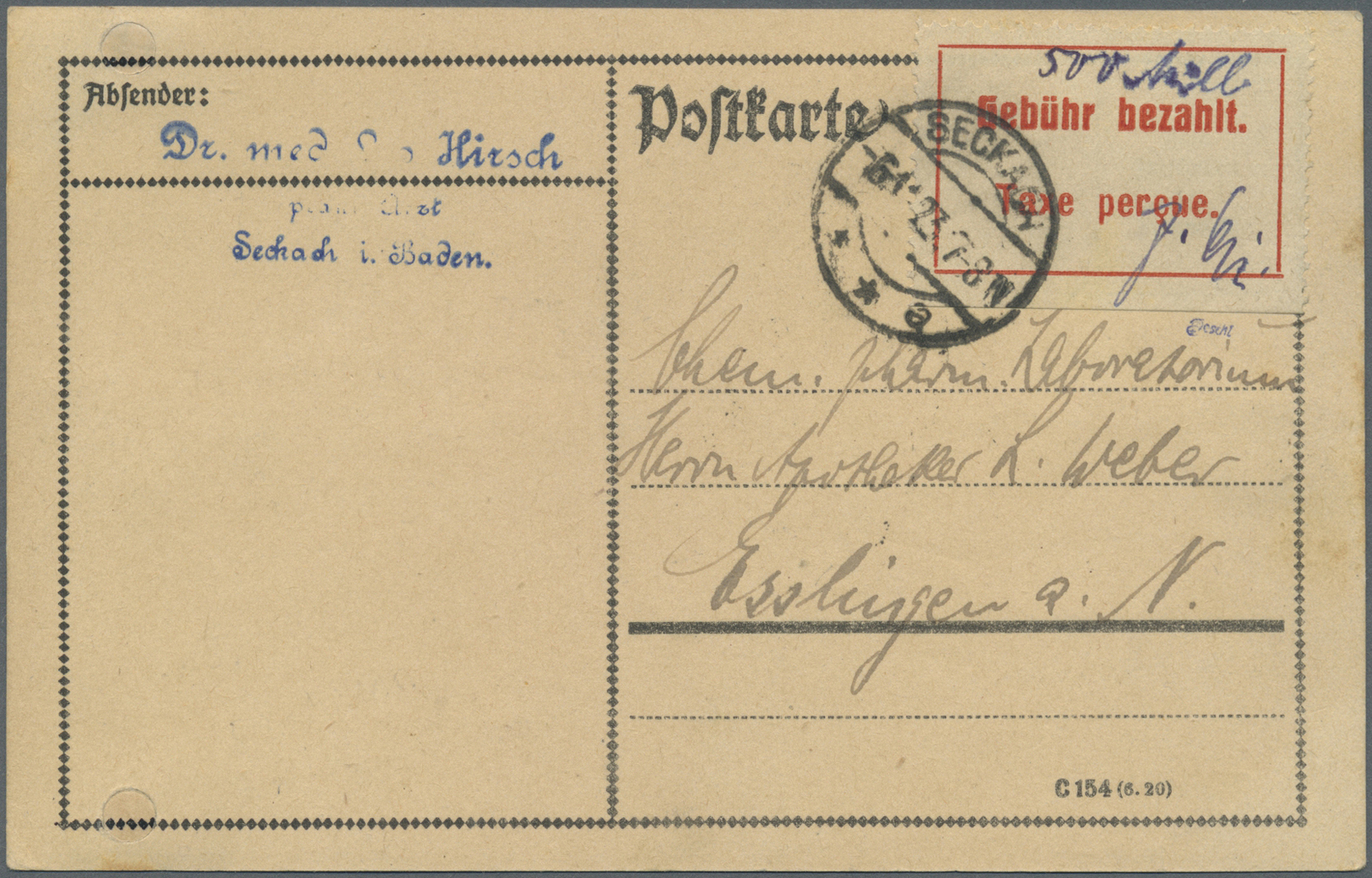 Br Deutsches Reich - Lokalausgaben 1918/23: KARLSRUHE (OPD): 1923, Gebührenzettel In Type I Und Handsch - Lettres & Documents