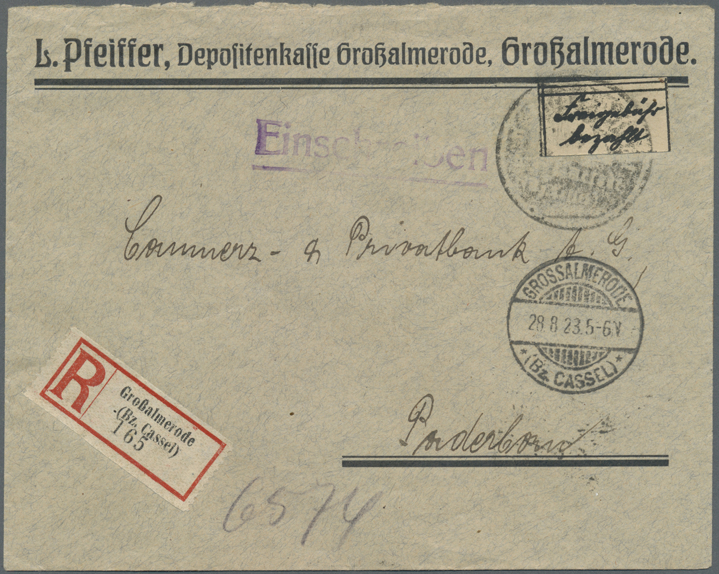 Br Deutsches Reich - Lokalausgaben 1918/23: KASSEL (OPD): 1923, Gebührenzettel "Freigebühr Bezahlt" In - Lettres & Documents