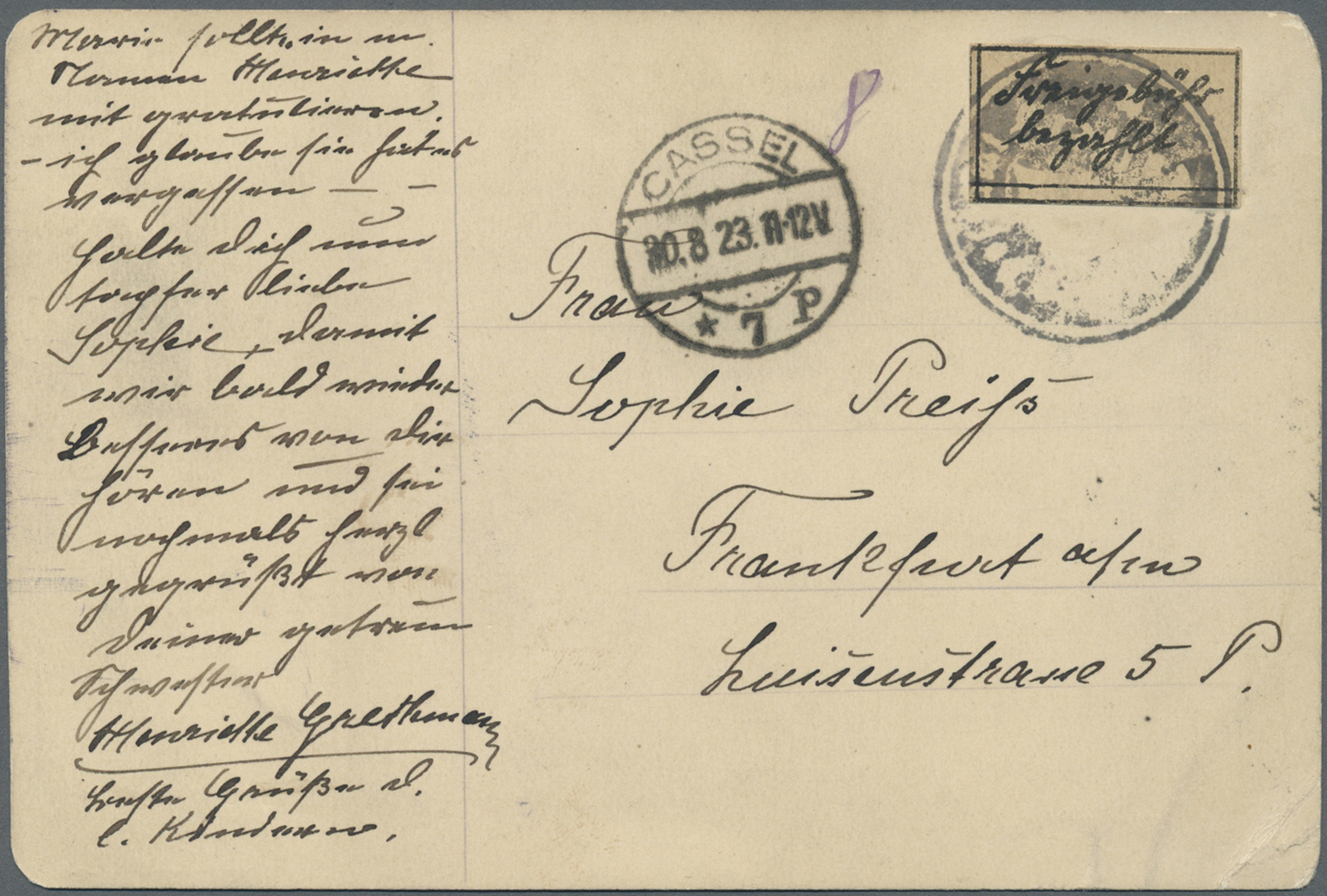 Br Deutsches Reich - Lokalausgaben 1918/23: KASSEL (OPD): 1923, Gebührenzettel Mit Deutscher Schrift "F - Lettres & Documents