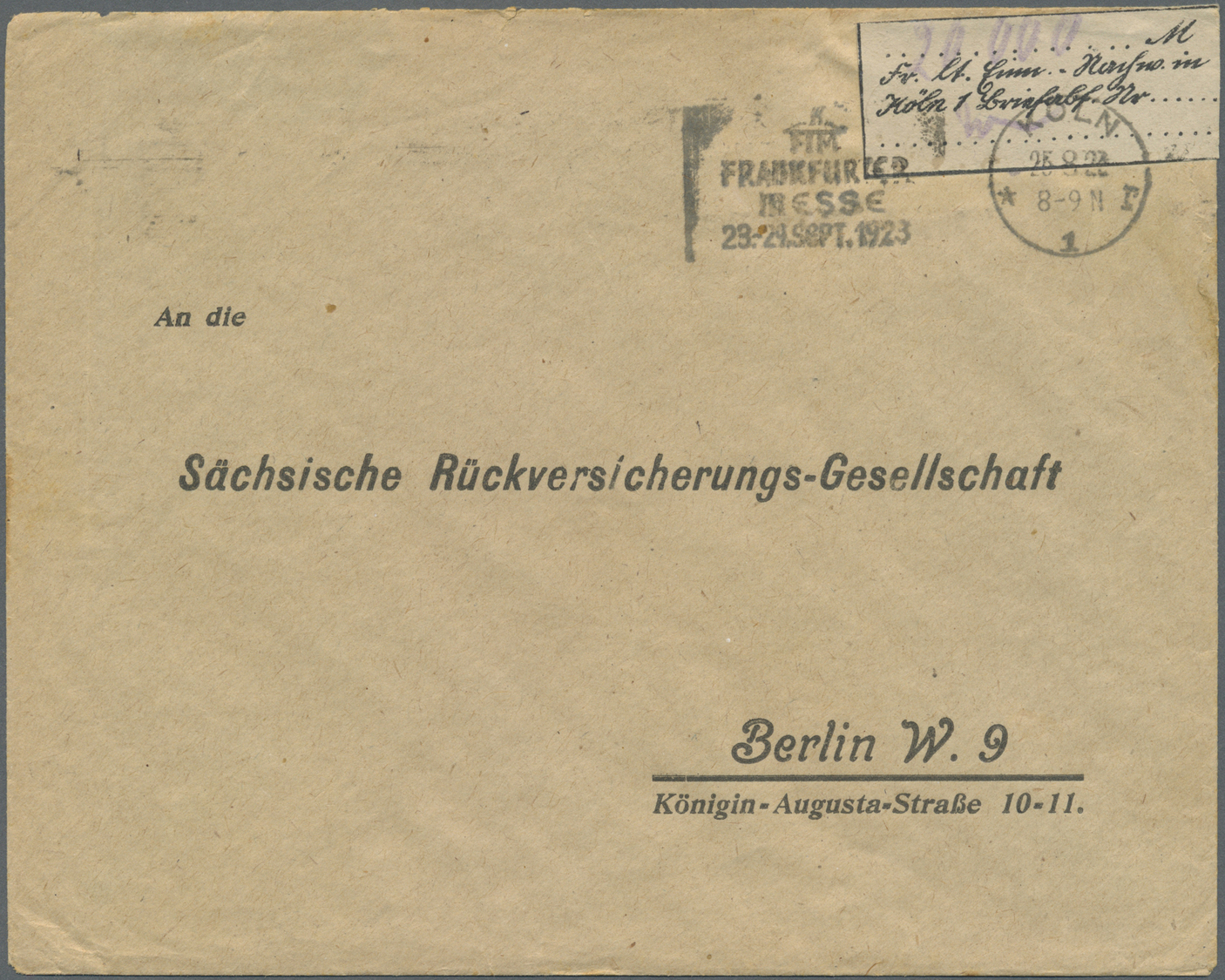 Br Deutsches Reich - Lokalausgaben 1918/23: KÖLN 1: 1923, Gebührenzettel Mit Deutschem Text Und Hds. "1 - Brieven En Documenten