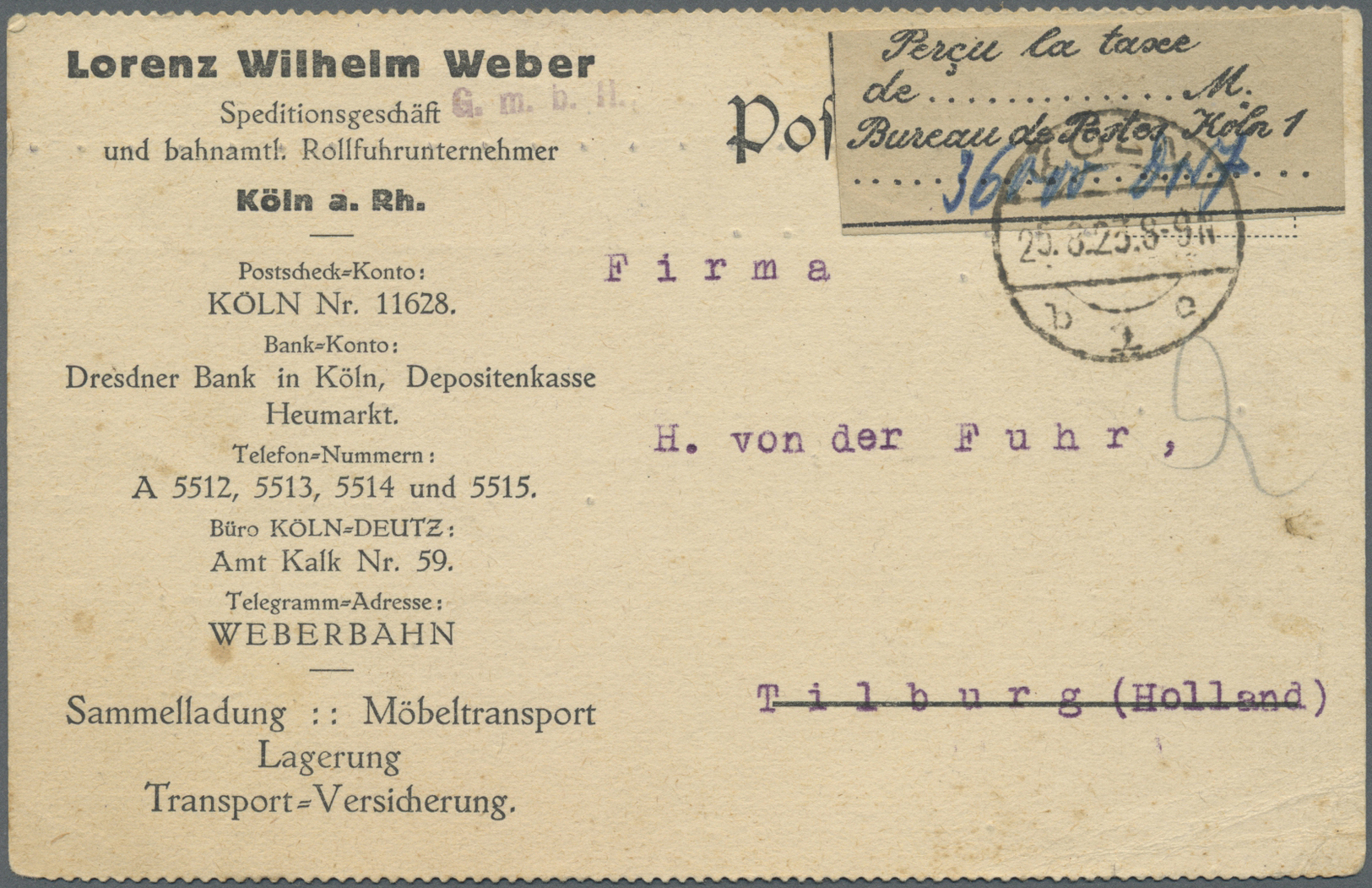Br Deutsches Reich - Lokalausgaben 1918/23: KÖLN 1: 1923, Gebührenzettel Mit Französischem Text "Percu - Brieven En Documenten