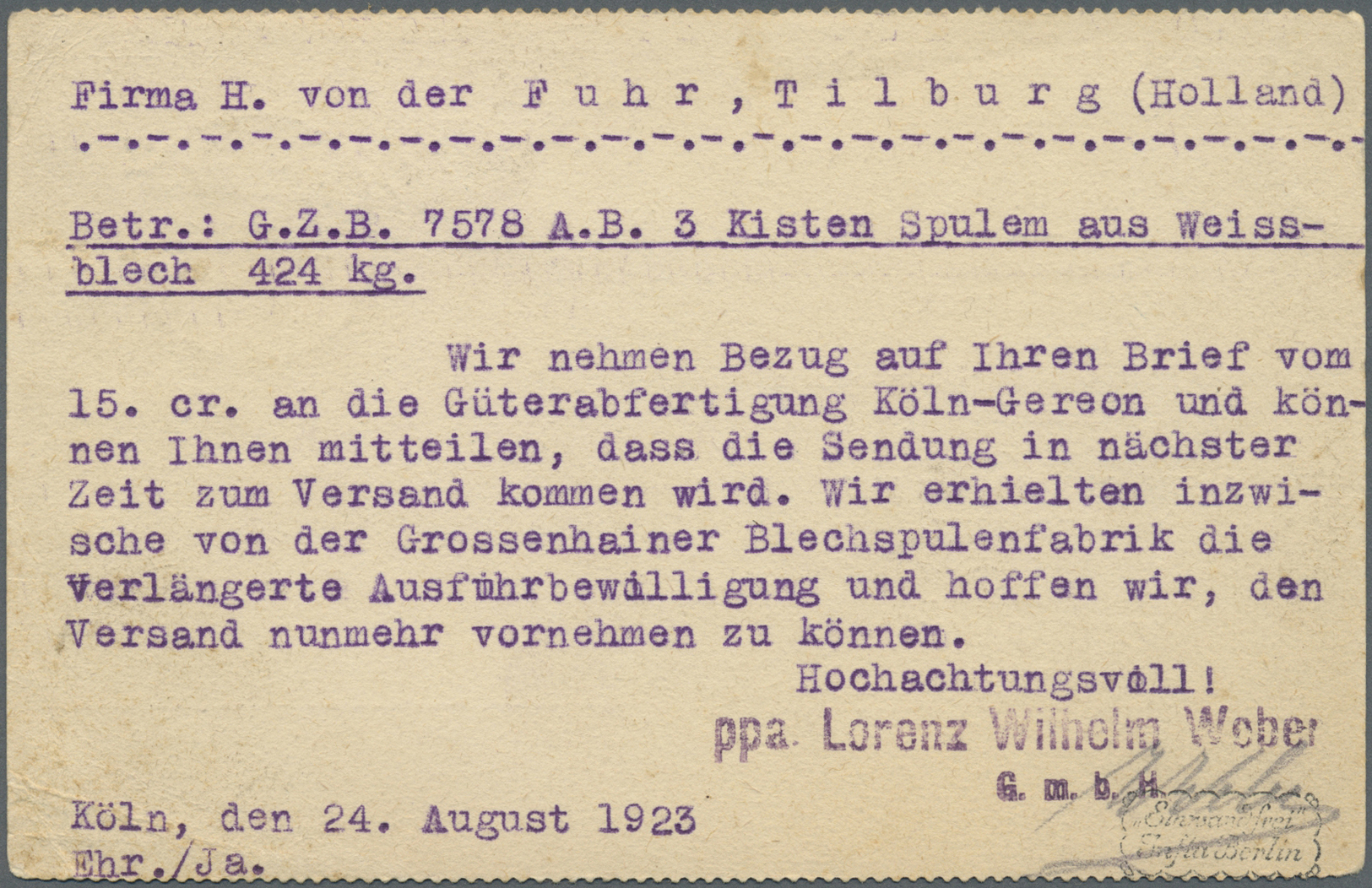 Br Deutsches Reich - Lokalausgaben 1918/23: KÖLN 1: 1923, Gebührenzettel Mit Französischem Text "Percu - Brieven En Documenten