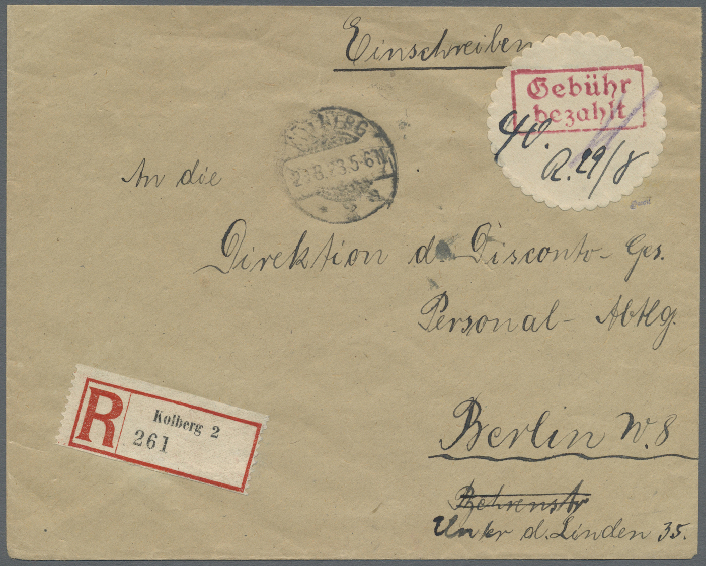 Br Deutsches Reich - Lokalausgaben 1918/23: KOLBERG 2: 1923, Gebührenzettel-Oblate Mit Rotem "Gebühr Be - Brieven En Documenten