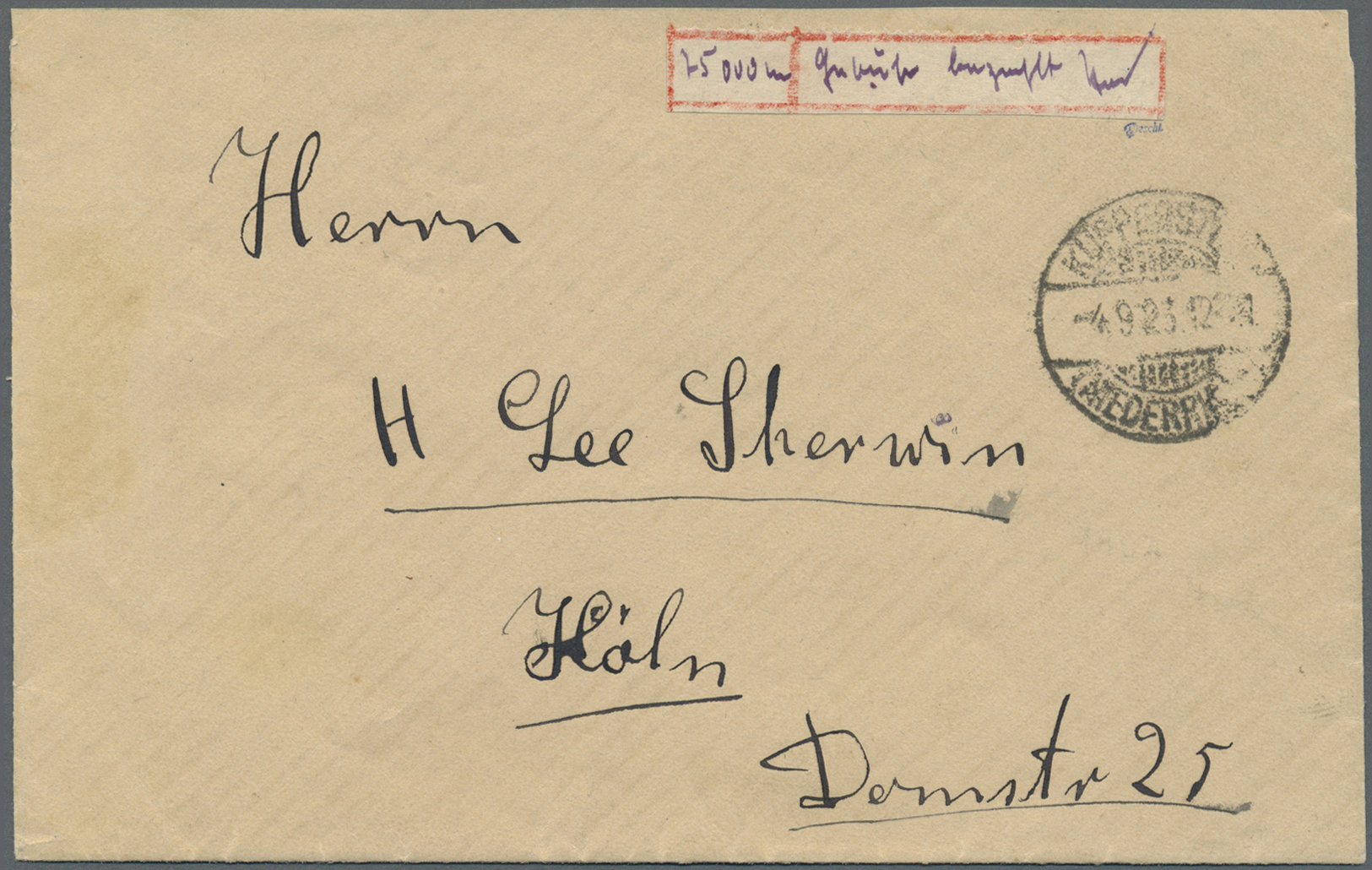 Br Deutsches Reich - Lokalausgaben 1918/23: KÜPPERSTEG: 1923, Gebührenzettel Mit Handschriftlichem Verm - Lettres & Documents