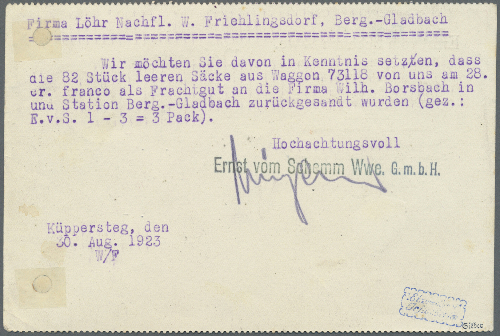 Br Deutsches Reich - Lokalausgaben 1918/23: KÜPPERSTEG: 1923, Gebührenzettel Mit Handschriftlichem Verm - Brieven En Documenten