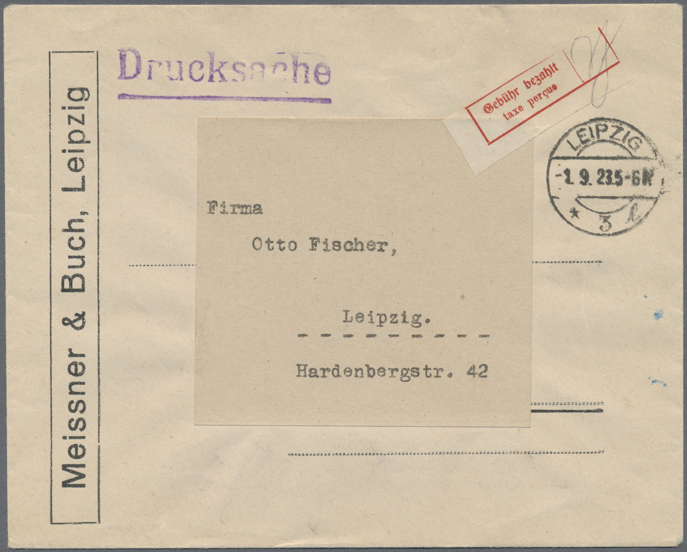 Br Deutsches Reich - Lokalausgaben 1918/23: LEIPZIG (OPD-BEZIRK): 1923, Gebührenzettel Aus Der Linken U - Lettres & Documents