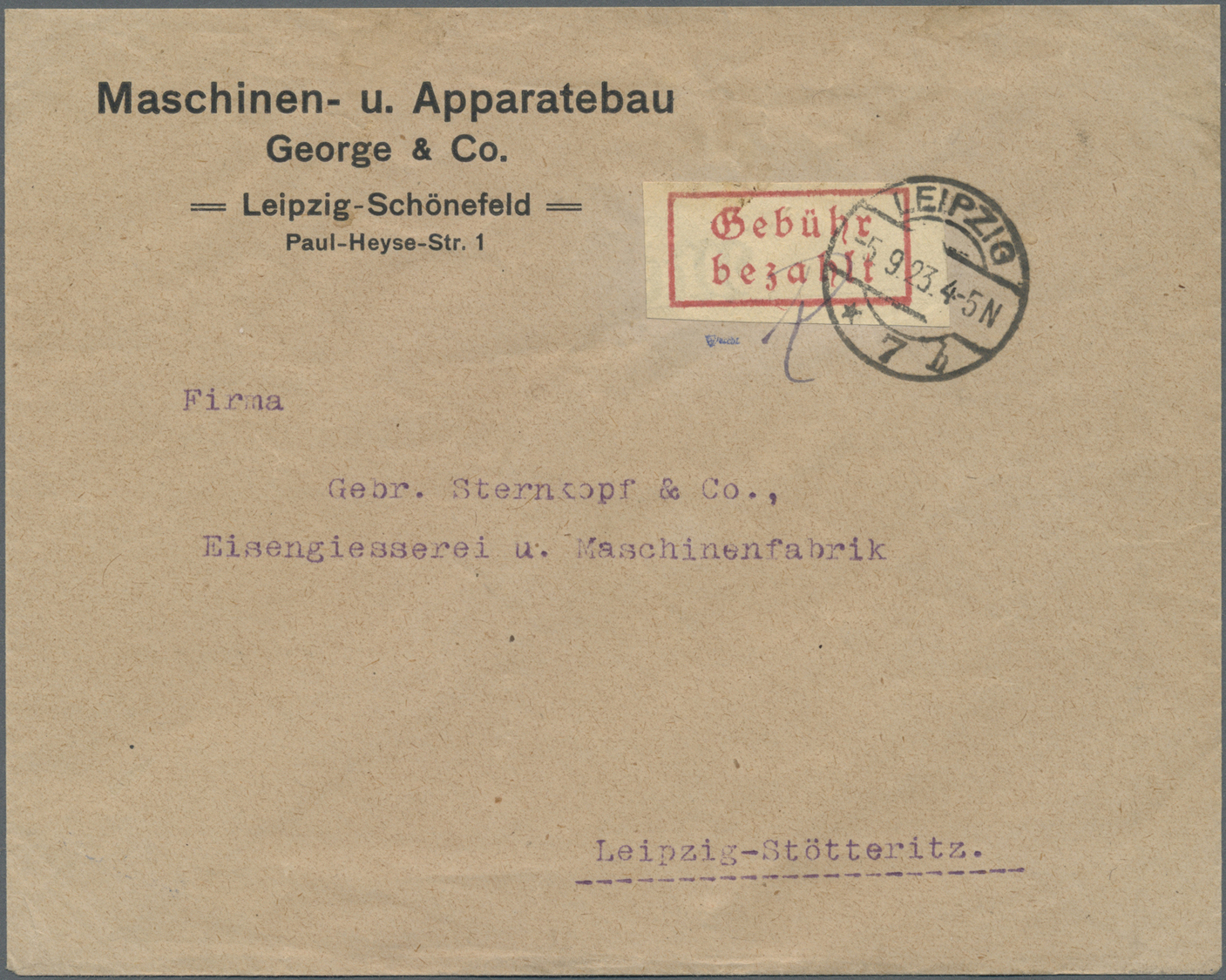 Br Deutsches Reich - Lokalausgaben 1918/23: LEIPZIG 7: 1923, Gebührenzettel Auf Firmenortsgbrief Aus LE - Brieven En Documenten