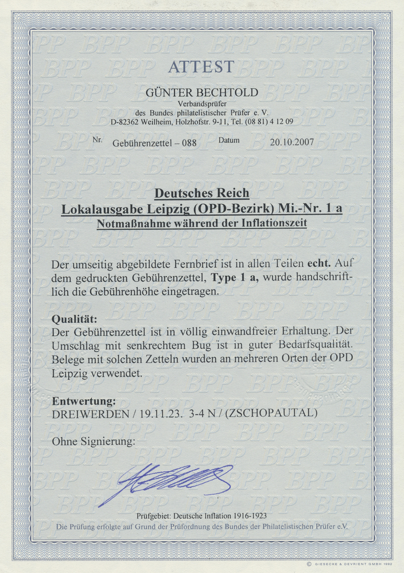 Br Deutsches Reich - Lokalausgaben 1918/23: LEIPZIG (OPD BEZIRK): 1923, Gebührenzettel In Type 1 A Und - Lettres & Documents