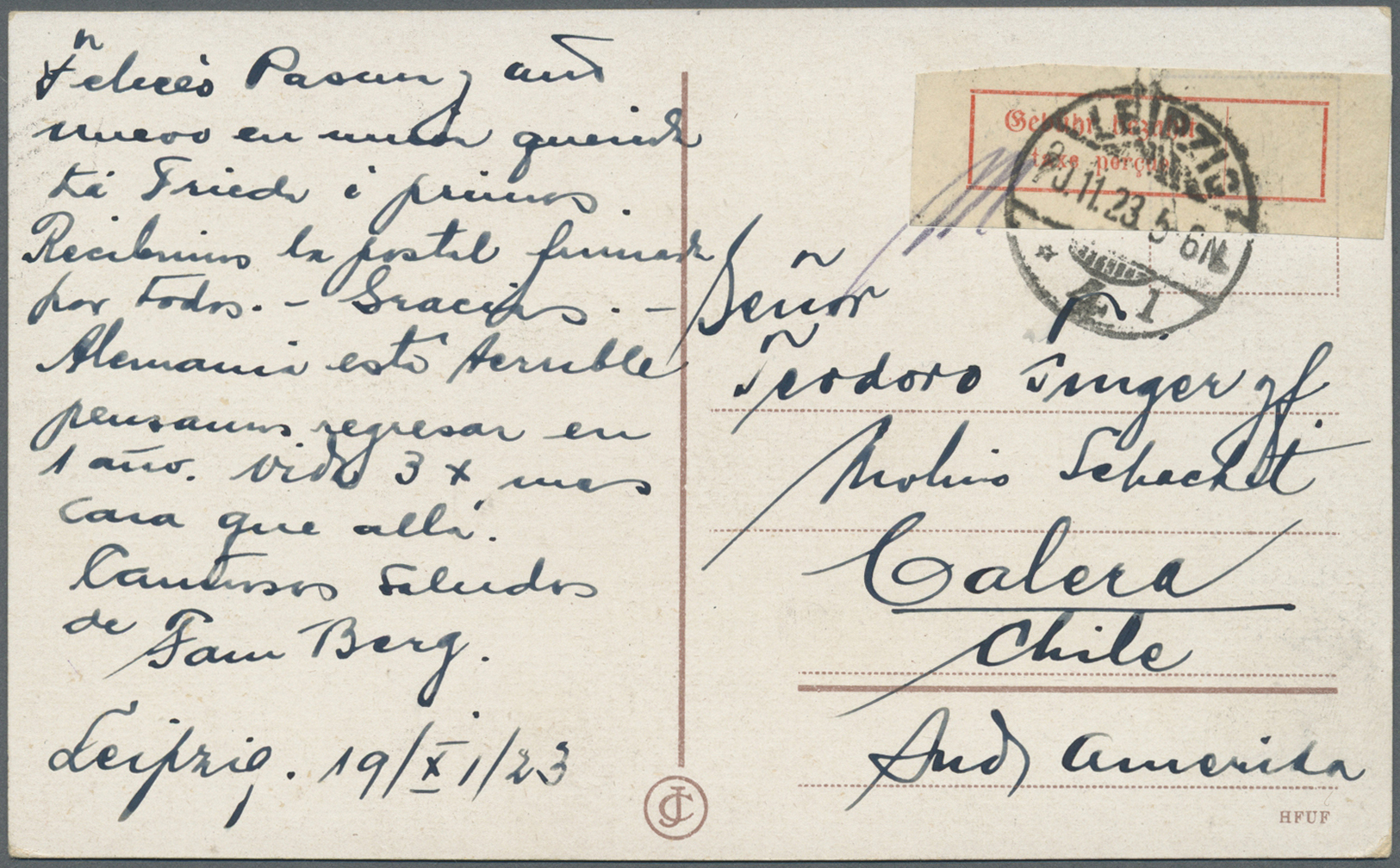 Br Deutsches Reich - Lokalausgaben 1918/23: LEIPZIG (OPD BEZIRK): 1923, Gebührenzettel Mit Vollem Rand - Brieven En Documenten