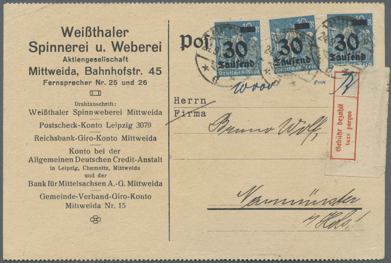 Br Deutsches Reich - Lokalausgaben 1918/23: LEIPZIG (OPD-BEZIRK): 1923, Gebührenzettel Mit Vollem Rand, - Brieven En Documenten