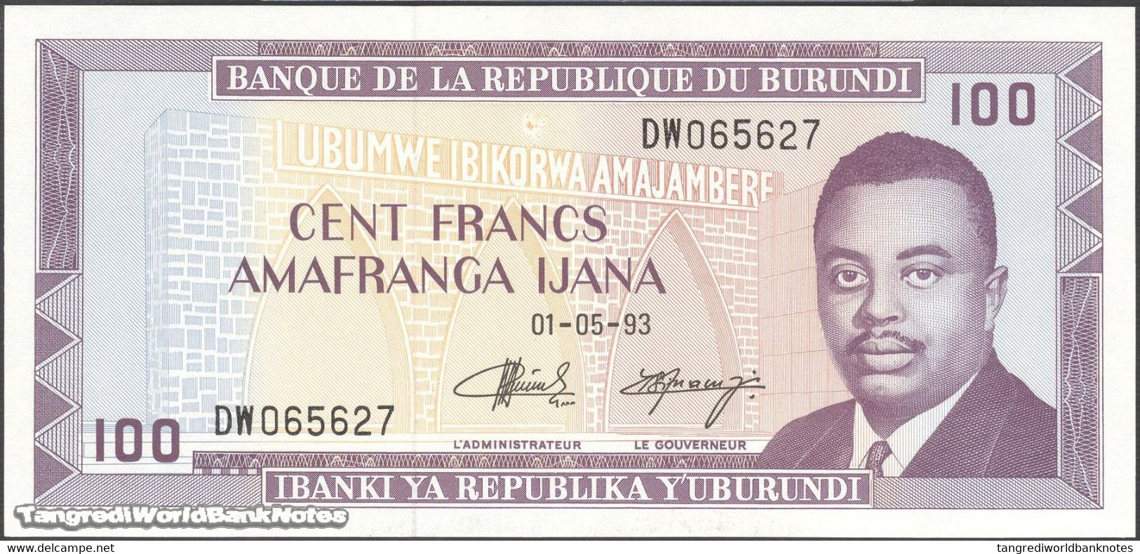 TWN - BURUNDI 29c3 - 100 Francs 1.5.1993 Prefix DW UNC - Burundi