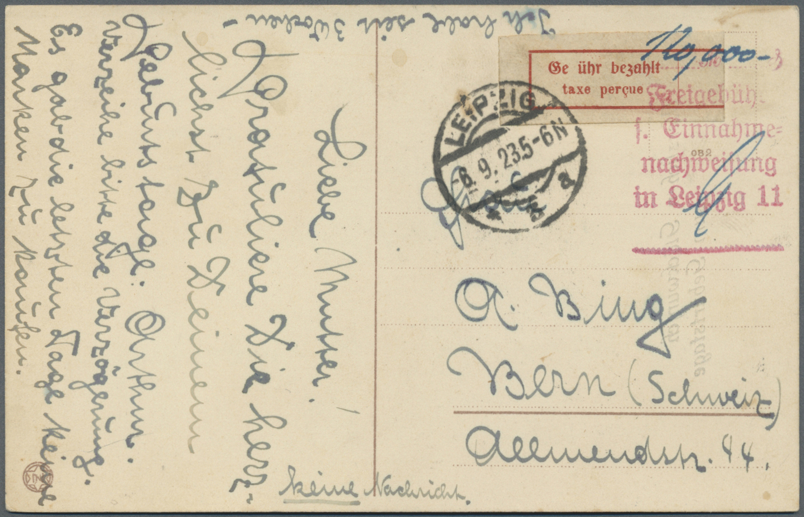 Br Deutsches Reich - Lokalausgaben 1918/23: LEIPZIG (OPD-BEZIRK); 1923, Gebührenzettel Ohne Rechten Ran - Lettres & Documents
