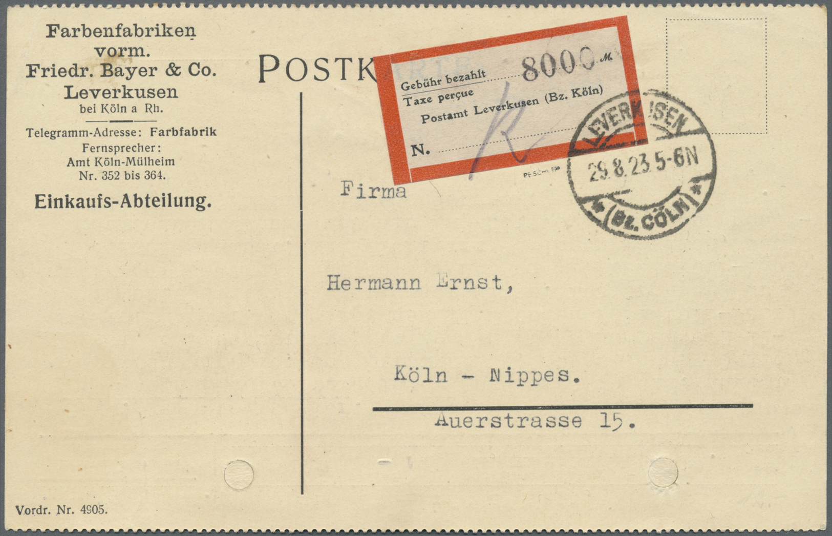 Br Deutsches Reich - Lokalausgaben 1918/23: LEVERKUSEN: 1923, Gebührenzettel "Gebühr Bezahlt/Taxe Percu - Lettres & Documents