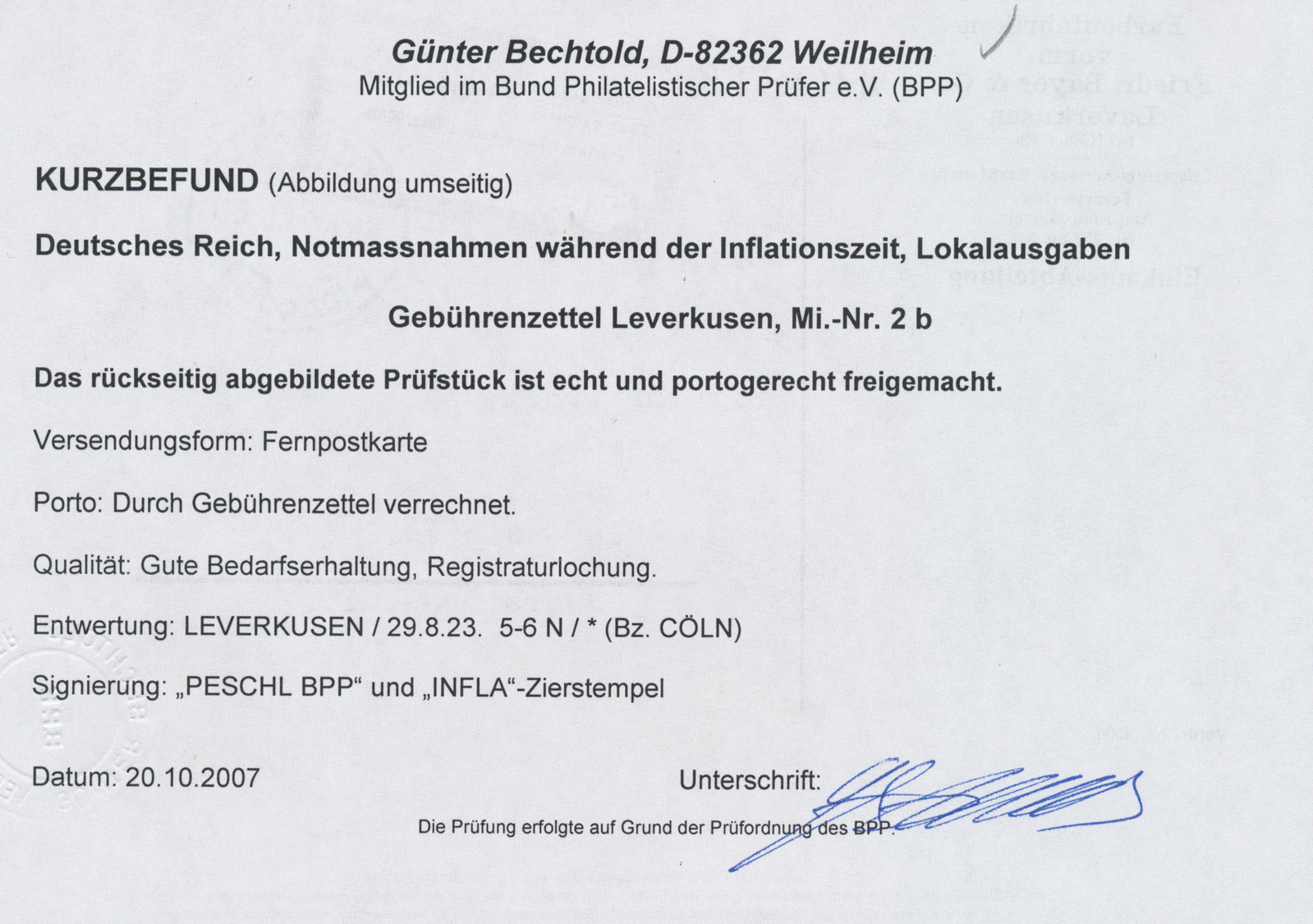 Br Deutsches Reich - Lokalausgaben 1918/23: LEVERKUSEN: 1923, Gebührenzettel "Gebühr Bezahlt/Taxe Percu - Brieven En Documenten