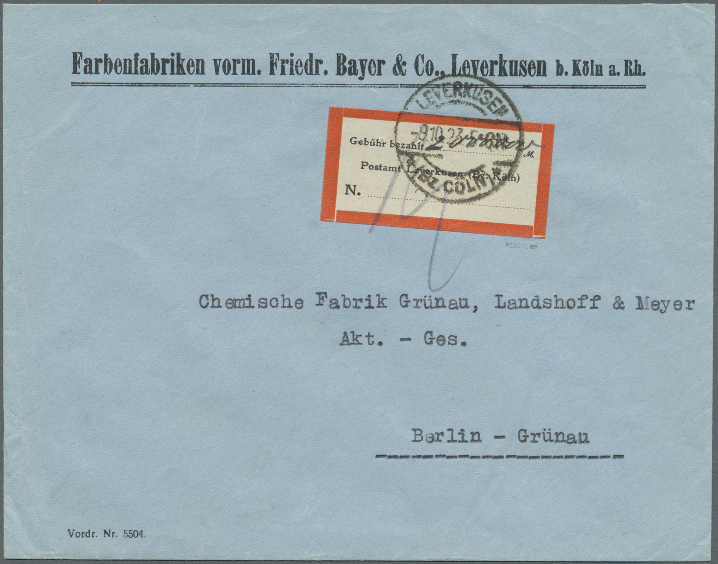 Br Deutsches Reich - Lokalausgaben 1918/23: LEVERKUSEN: 1923, Gebührenzettel "Gebühr Bezahlt" Mit Hands - Brieven En Documenten