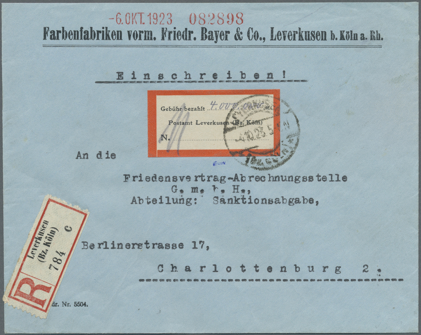 Br Deutsches Reich - Lokalausgaben 1918/23: LEVERKUSEN: 1923, Gebührenzettel "Gebühr Bezahlt" Mit Hands - Brieven En Documenten