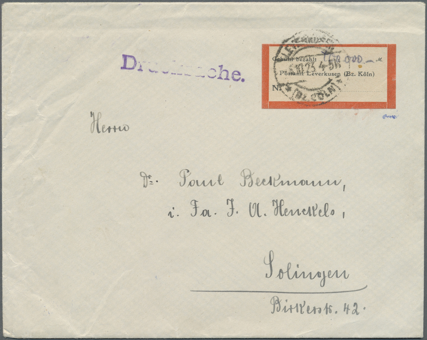 Br Deutsches Reich - Lokalausgaben 1918/23: LEVERKUSEN: 1923,  Gebührenzettel "Gebühr Bezahlt" Mit Hand - Lettres & Documents