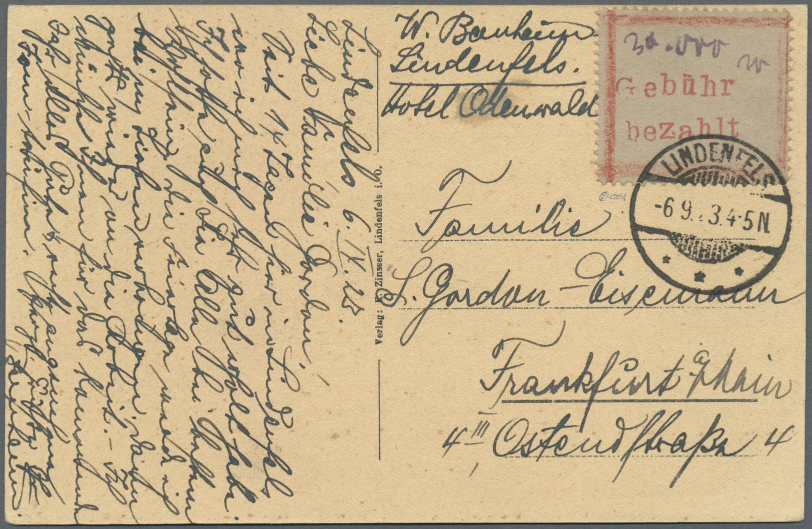 Br Deutsches Reich - Lokalausgaben 1918/23: LINDENFELS: 1923, Gebührenzettel Mit Setzkastenstempel "Geb - Brieven En Documenten