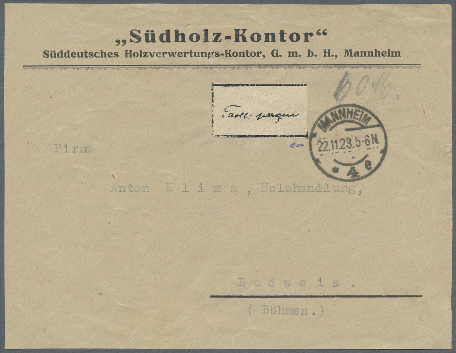 Br/Brfst Deutsches Reich - Lokalausgaben 1918/23: MANNHEIM 4: 1923, Gebührenzettel "Taxe Percue" Auf Firmenbr - Brieven En Documenten