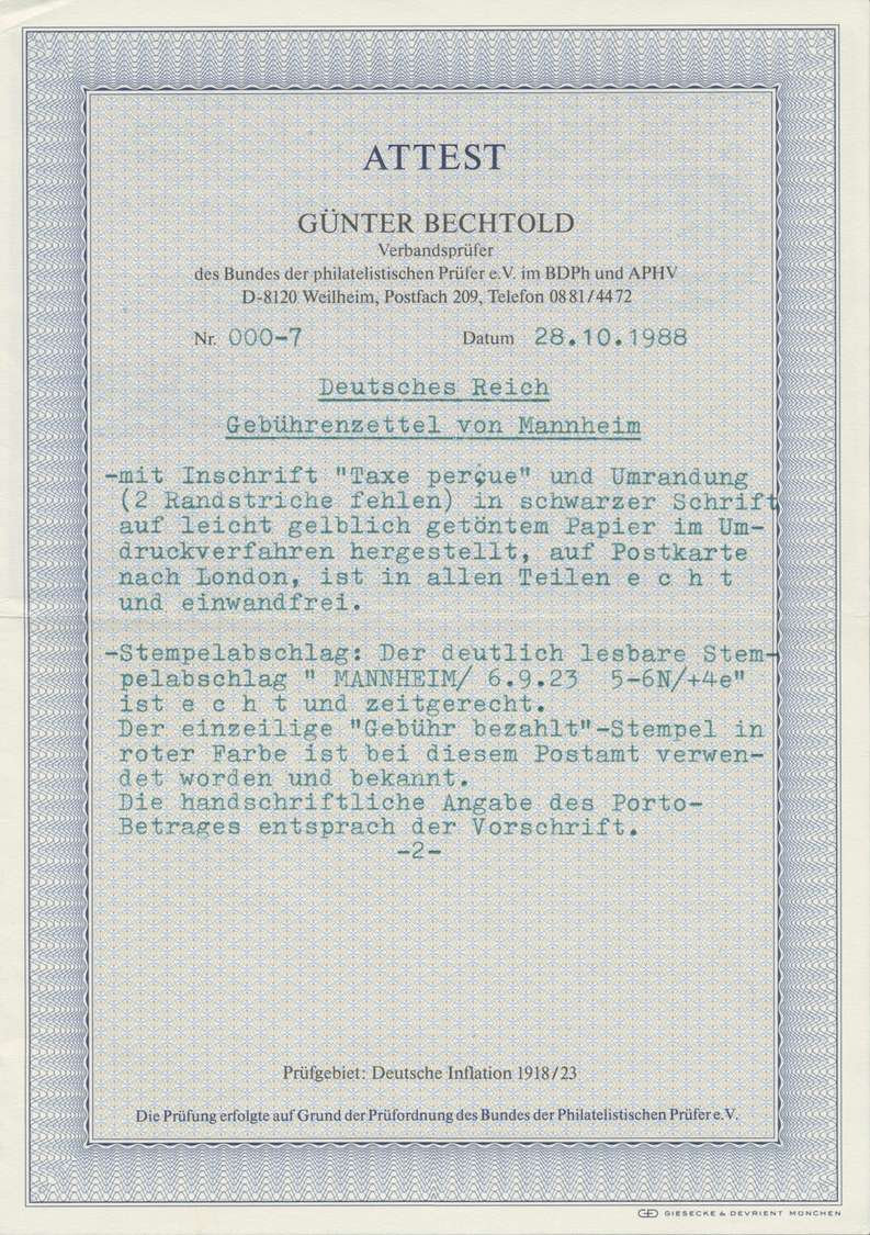 Br Deutsches Reich - Lokalausgaben 1918/23: MANNHEIM 4: 1923, Gebührenzettel "Taxe Percue" Auf Auslands - Lettres & Documents