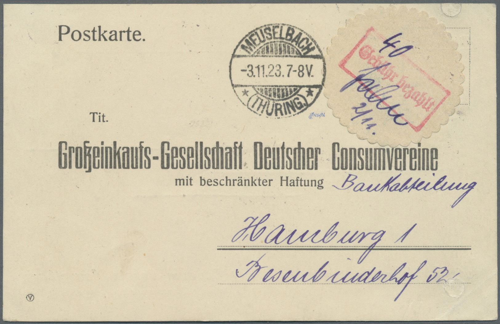 Br Deutsches Reich - Lokalausgaben 1918/23: MEUSELBACH (THÜRINGEN): 1923, Gebührenzettel-Oblate Mit Rot - Lettres & Documents