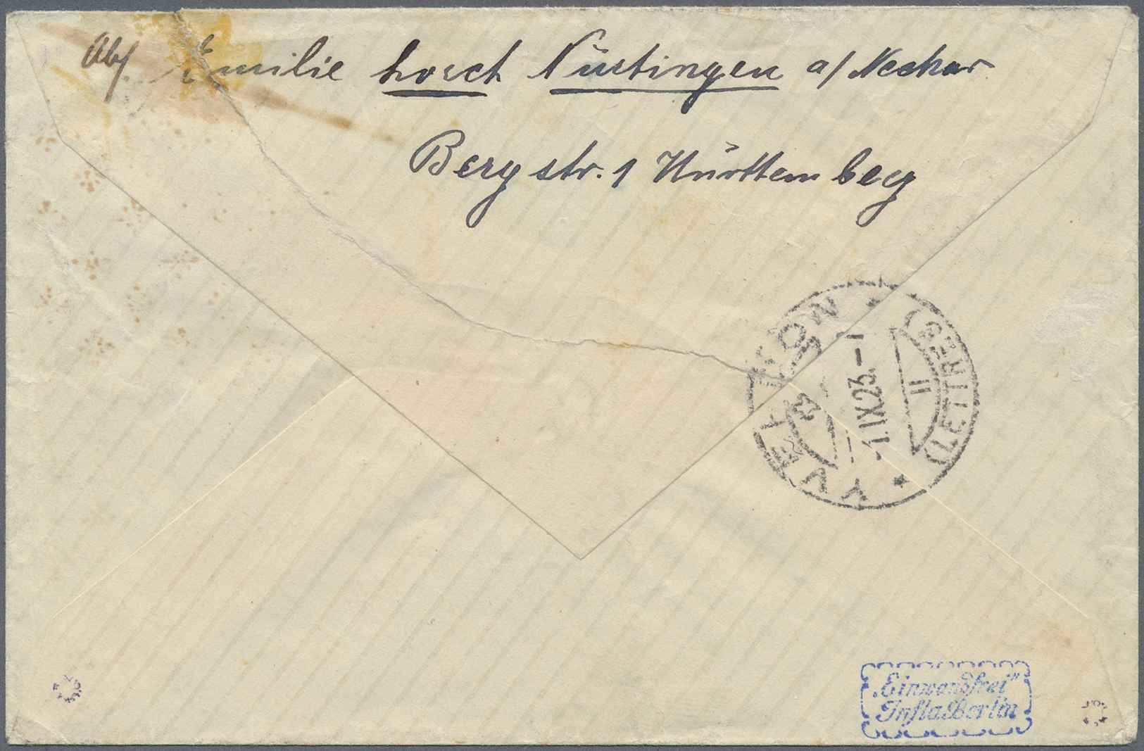 Br Deutsches Reich - Lokalausgaben 1918/23: NÜRTINGEN: 1923, Gebührenzettel Auf Blauem Papier Mit Viole - Lettres & Documents