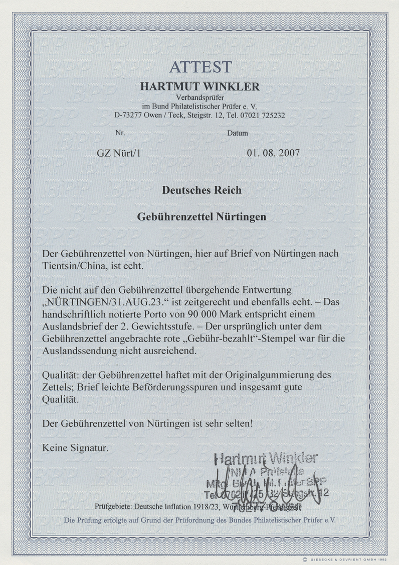 Br Deutsches Reich - Lokalausgaben 1918/23: NÜRTINGEN: 1923, Gebührenzettel Auf Blauem Papier Mit Viole - Lettres & Documents