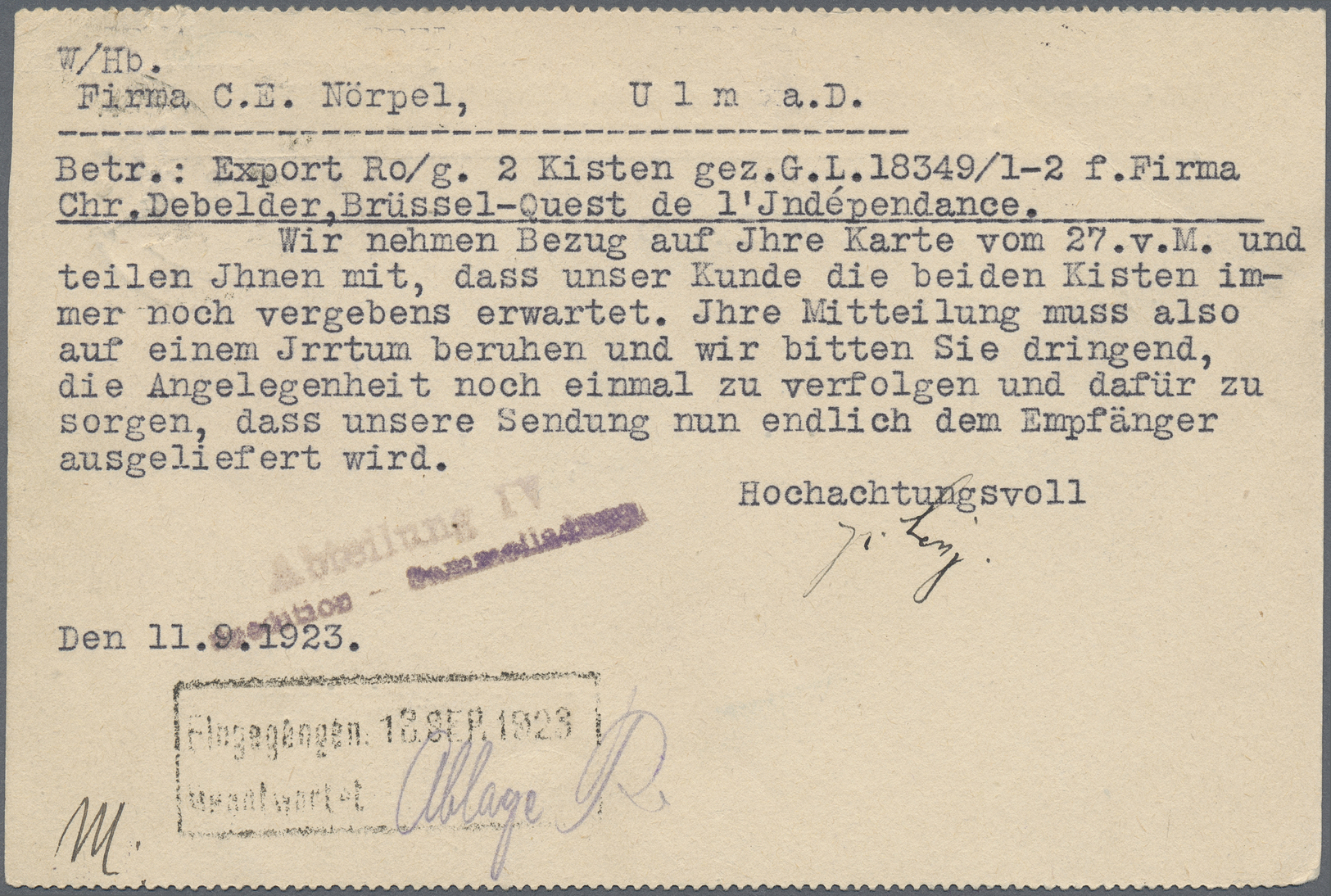 Br Deutsches Reich - Lokalausgaben 1918/23: OBERKOCHEN: 1923, Gebührenzettel Auf Weißem Papier Mit Lila - Brieven En Documenten