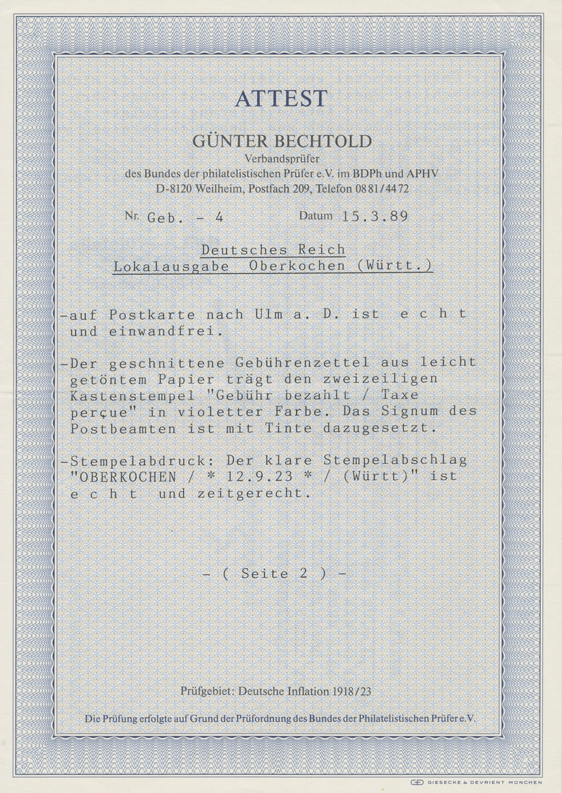 Br Deutsches Reich - Lokalausgaben 1918/23: OBERKOCHEN: 1923, Gebührenzettel Auf Weißem Papier Mit Lila - Brieven En Documenten