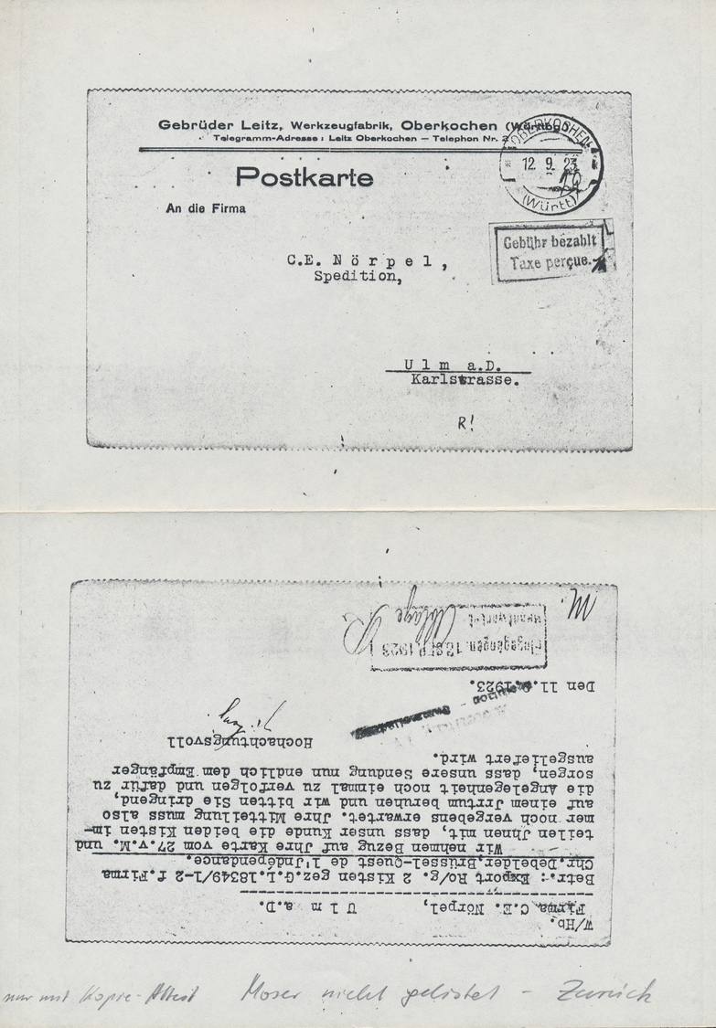 Br Deutsches Reich - Lokalausgaben 1918/23: OBERKOCHEN: 1923, Gebührenzettel Auf Weißem Papier Mit Lila - Brieven En Documenten