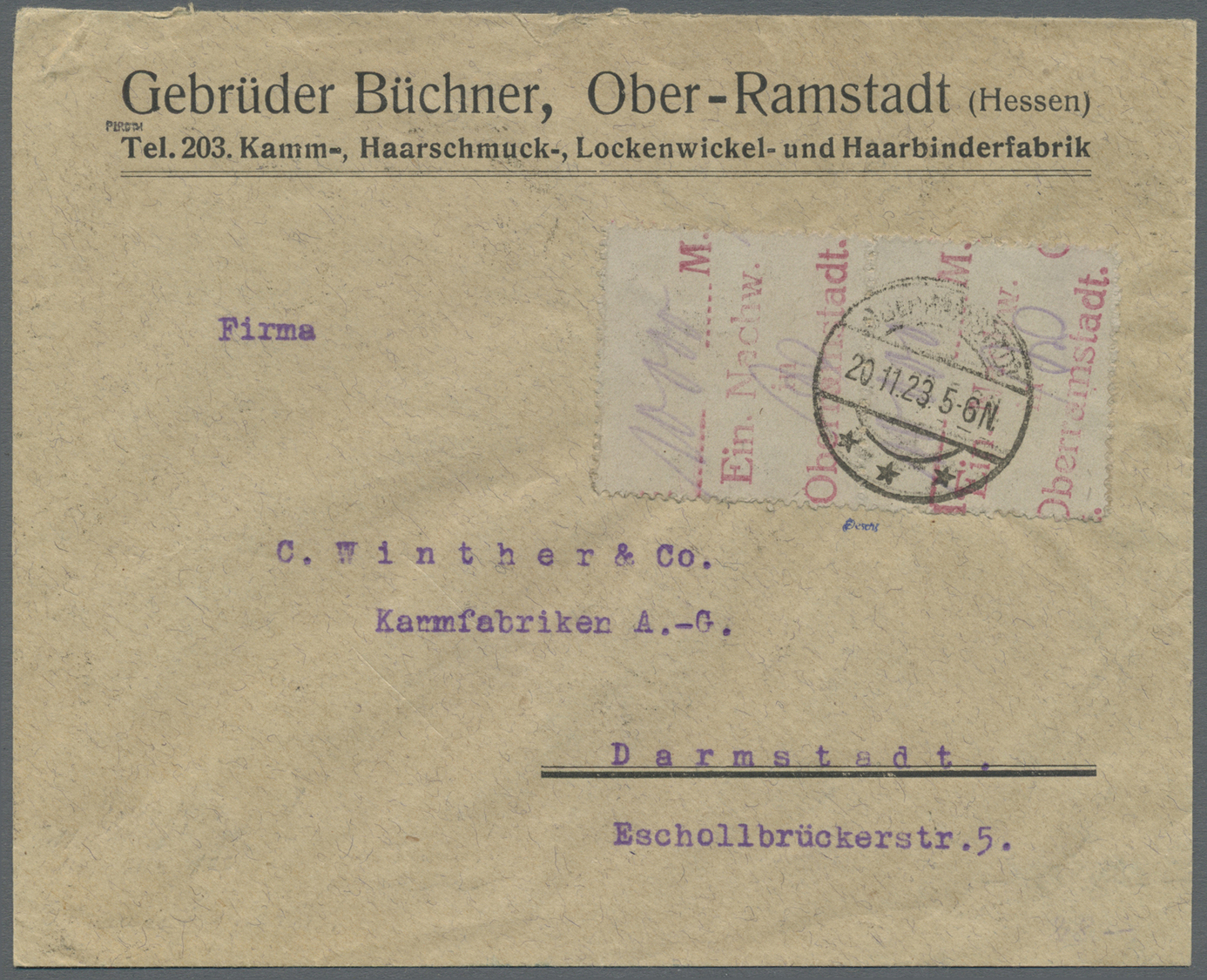 Br Deutsches Reich - Lokalausgaben 1918/23: OBERRAMSTADT: 1923, Gebührenzettel Mit Rotem Einnahm-Nachwe - Lettres & Documents