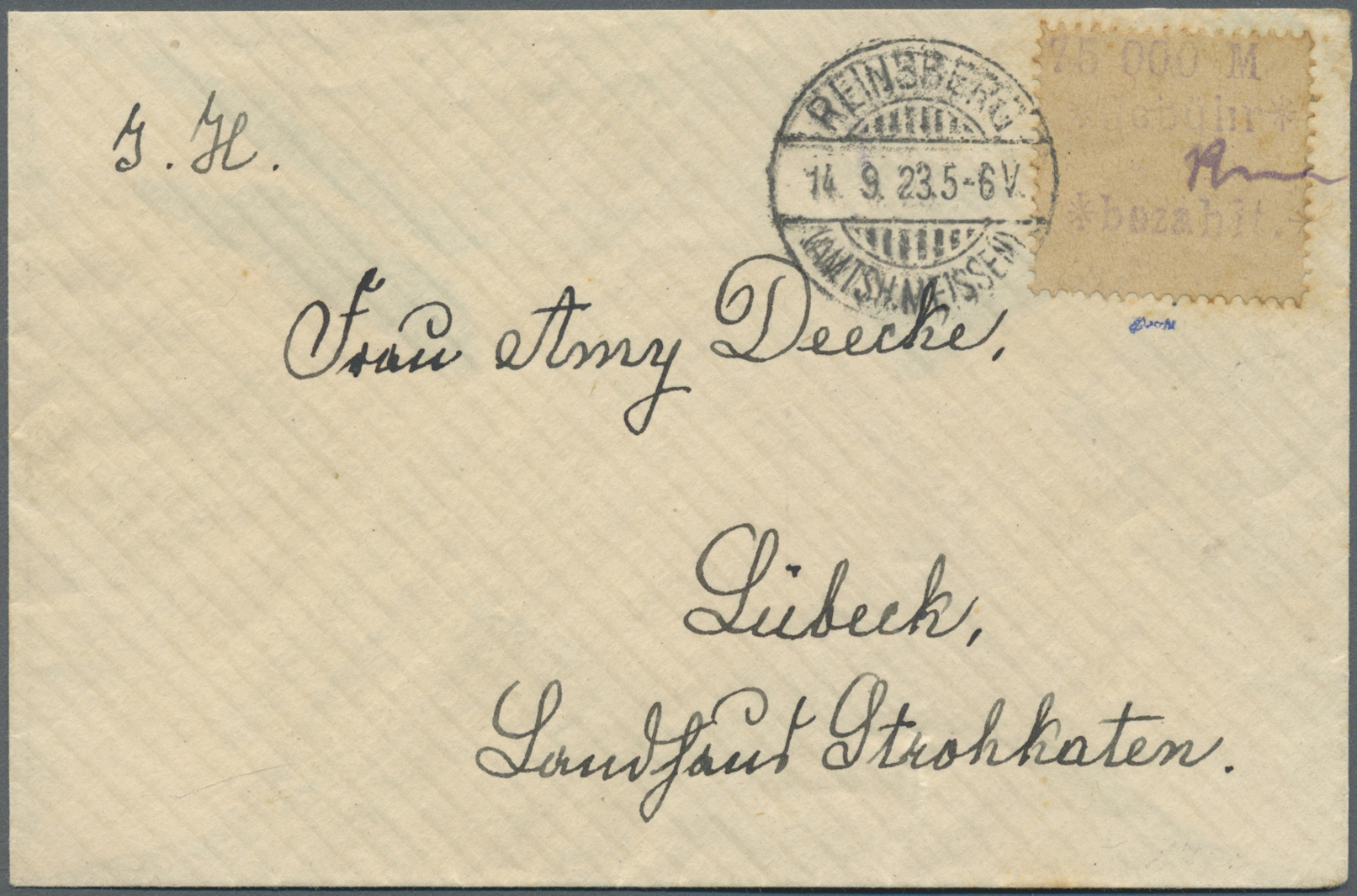 Br Deutsches Reich - Lokalausgaben 1918/23: REINSBERG: 1923, Gebührenzettel "75000 M. Gebühr ** Bezahlt - Lettres & Documents