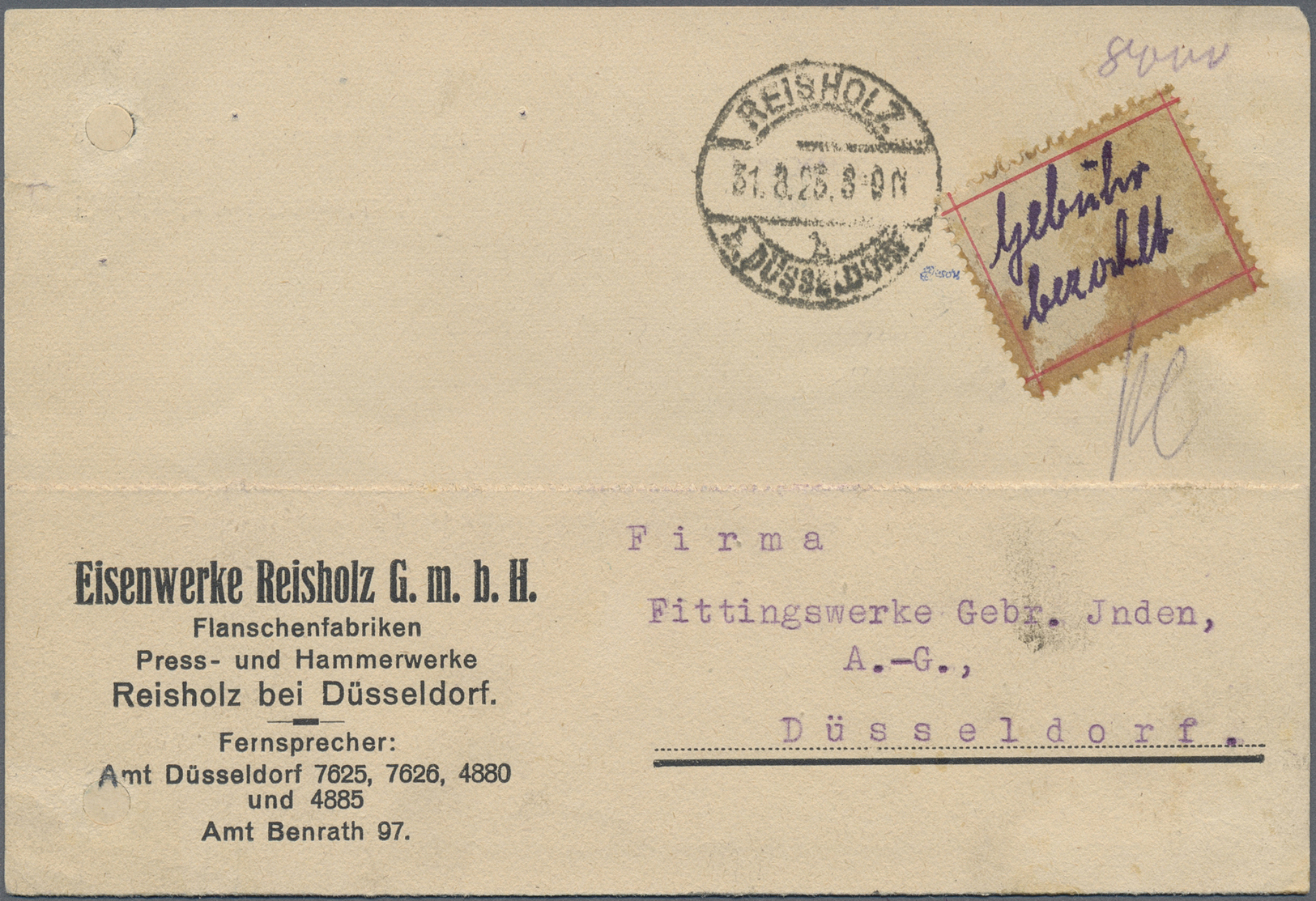 Br Deutsches Reich - Lokalausgaben 1918/23: REISHOLZ B. DÜSSELDORF: 1923, Gebührenzettel Mit Handschrif - Brieven En Documenten