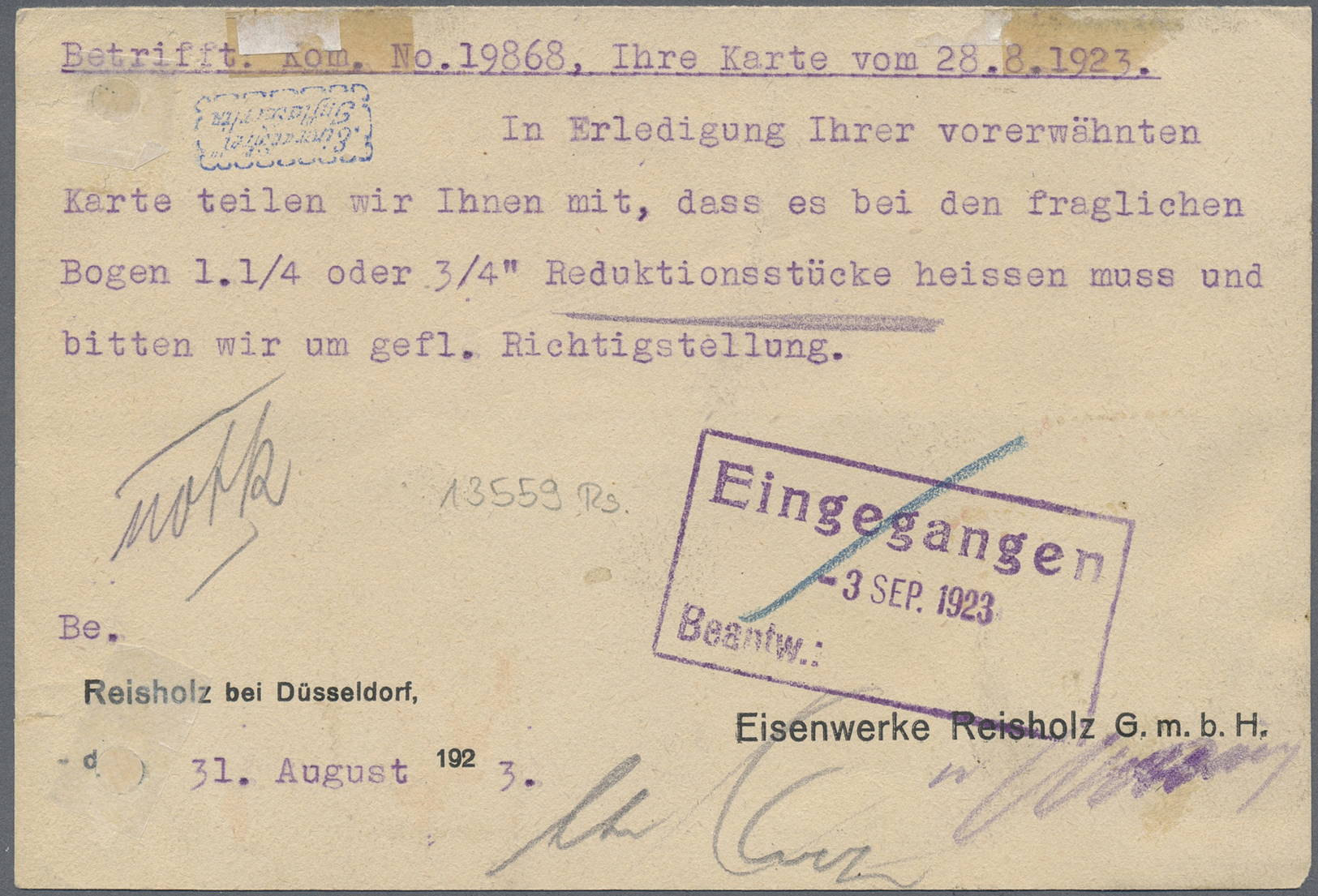 Br Deutsches Reich - Lokalausgaben 1918/23: REISHOLZ B. DÜSSELDORF: 1923, Gebührenzettel Mit Handschrif - Lettres & Documents