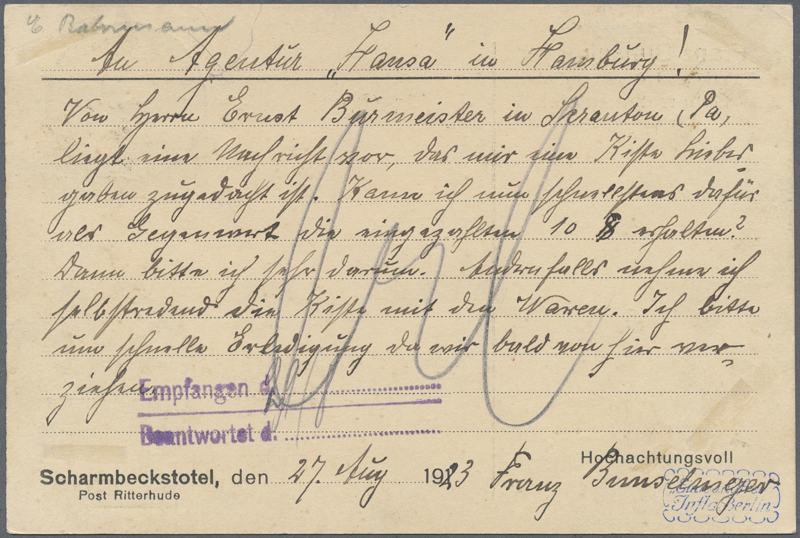 Br Deutsches Reich - Lokalausgaben 1918/23: RITTERHUDE (BREMEN): 1923, Gebührenzettel Mit Handschriftli - Brieven En Documenten