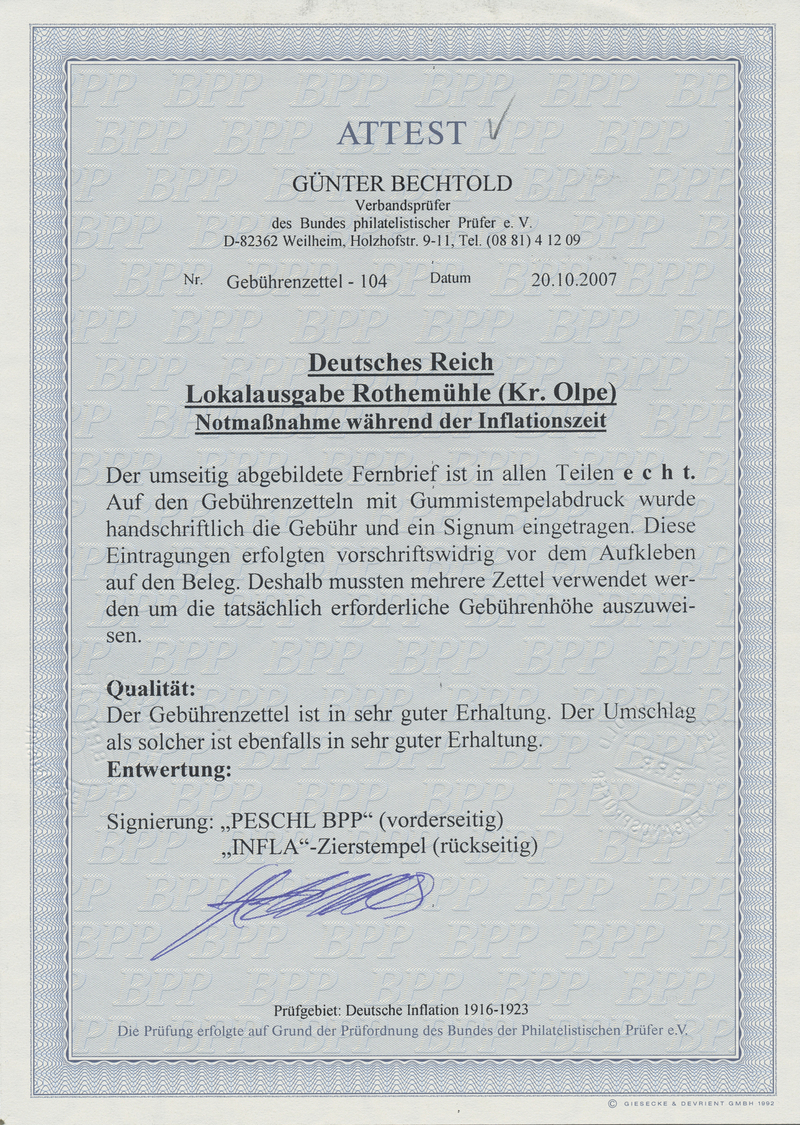 Br Deutsches Reich - Lokalausgaben 1918/23: ROTHEMÜHLE (KR. OLPE): 1923, Gebührenzettel Mit Handstempel - Lettres & Documents