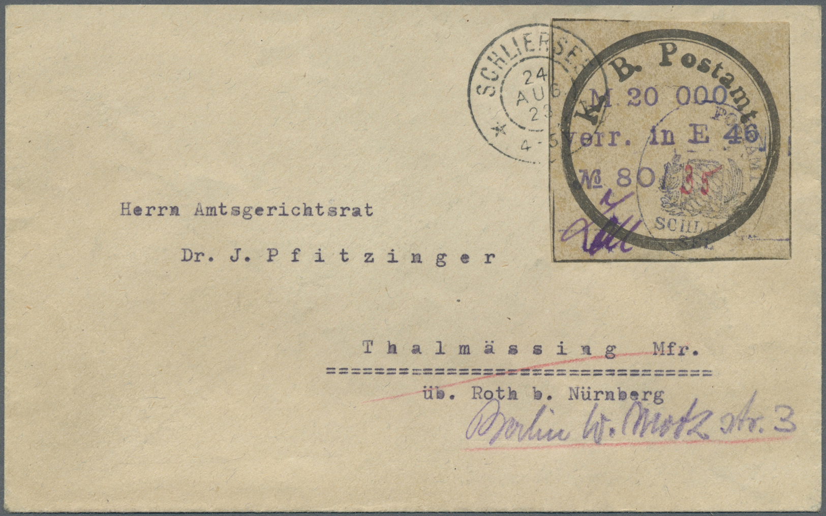 Br Deutsches Reich - Lokalausgaben 1918/23: SCHLIERSEE: 1923, Postsackverschlußzettel "K.B. Postamt" Al - Lettres & Documents