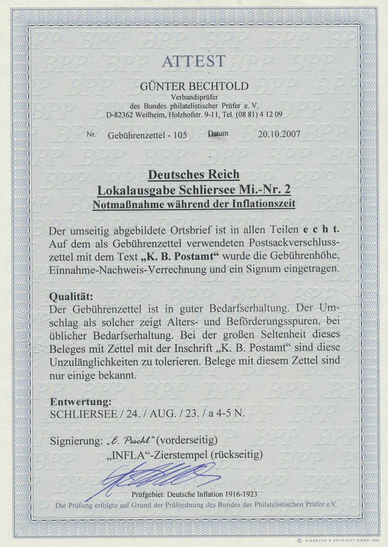 Br Deutsches Reich - Lokalausgaben 1918/23: SCHLIERSEE: 1923, Postsackverschlußzettel Mit Eindruck "K.B - Brieven En Documenten