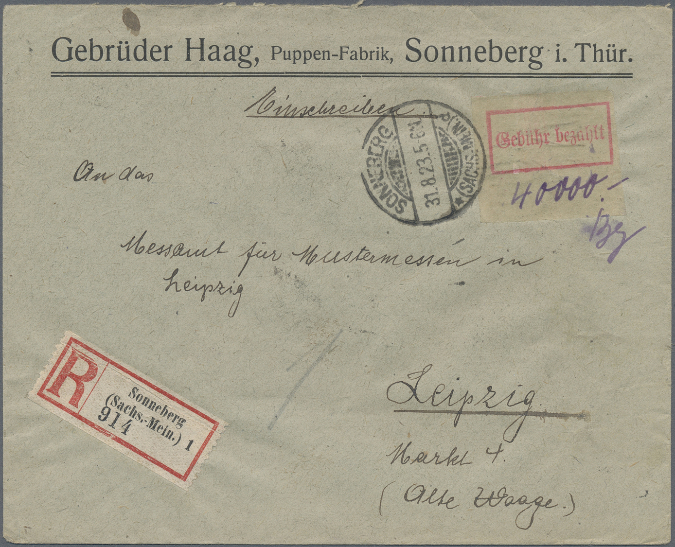 Br Deutsches Reich - Lokalausgaben 1918/23: SONNEBERG: 1923, Gebührenzettel Auf Transparentem Papier Mi - Lettres & Documents