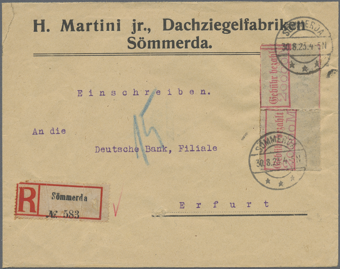 Br Deutsches Reich - Lokalausgaben 1918/23: SÖMMERDA: 1923, Gebührenzettel Mit Einem Roten Kasten-Hands - Brieven En Documenten