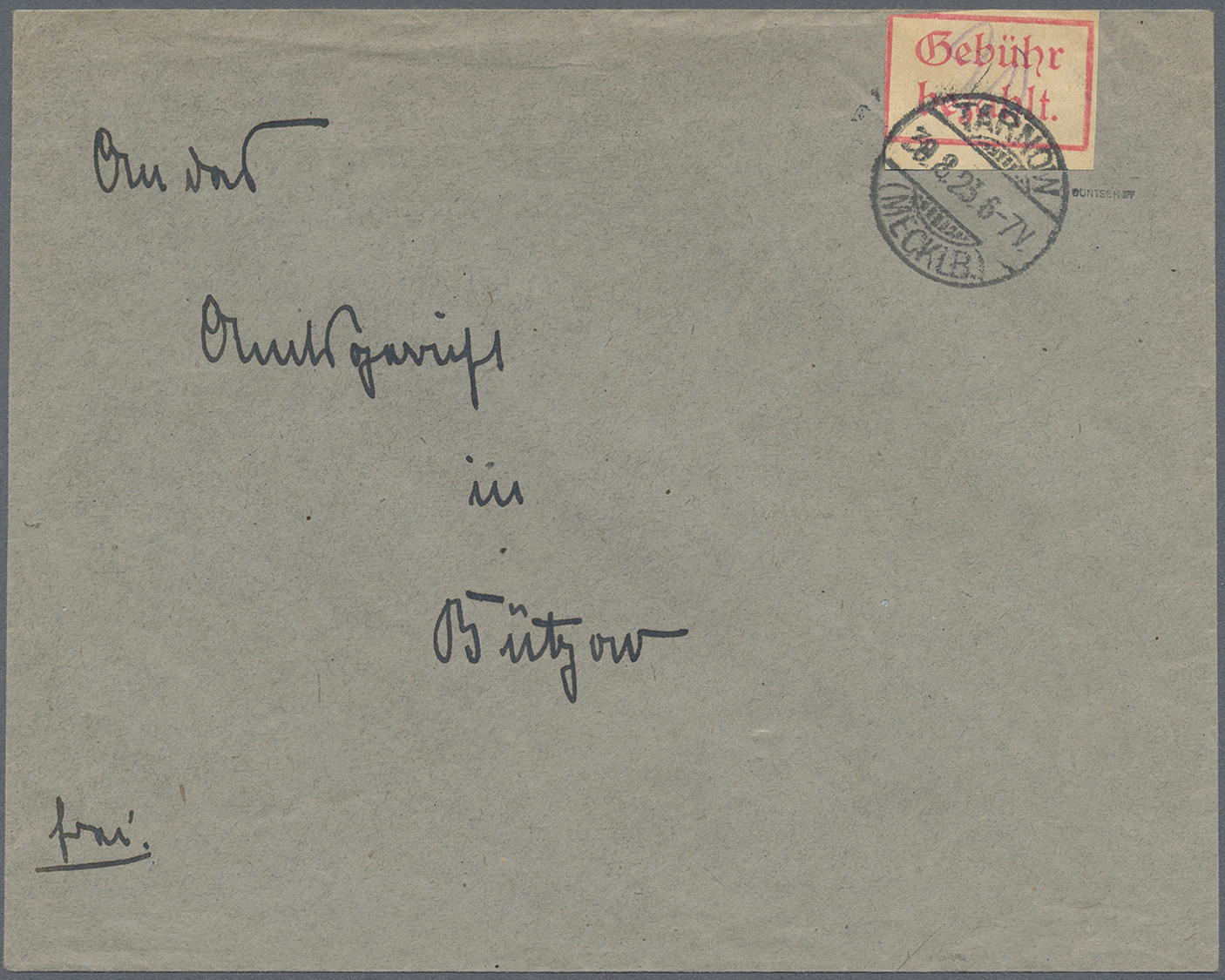 Br Deutsches Reich - Lokalausgaben 1918/23: TARNOW (MECKLENBURG),: 1923, Gebührenzettel Mit Rotem Kaste - Brieven En Documenten