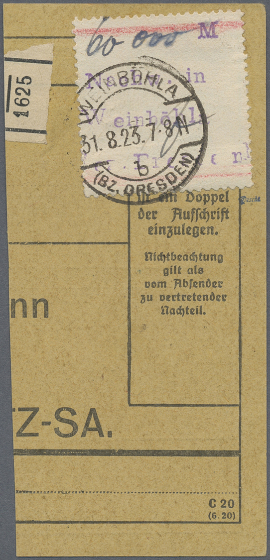 Brfst Deutsches Reich - Lokalausgaben 1918/23: WEINBÖHLA (BEZ. DRESDEN), 1923, Gebührenzettel Mit Setzkast - Lettres & Documents