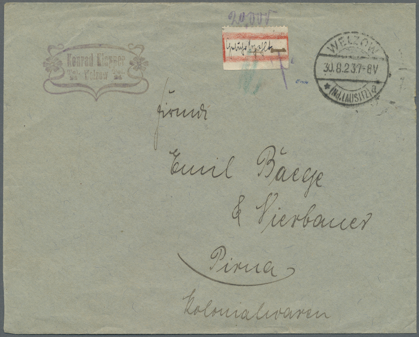Br Deutsches Reich - Lokalausgaben 1918/23: WELZOW, 1923, Gebührenzettel Aus Markenbogenrand Mit Handsc - Lettres & Documents